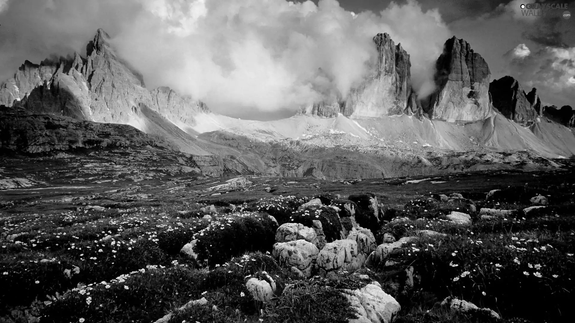 rocks, Meadow, clouds, Mountains