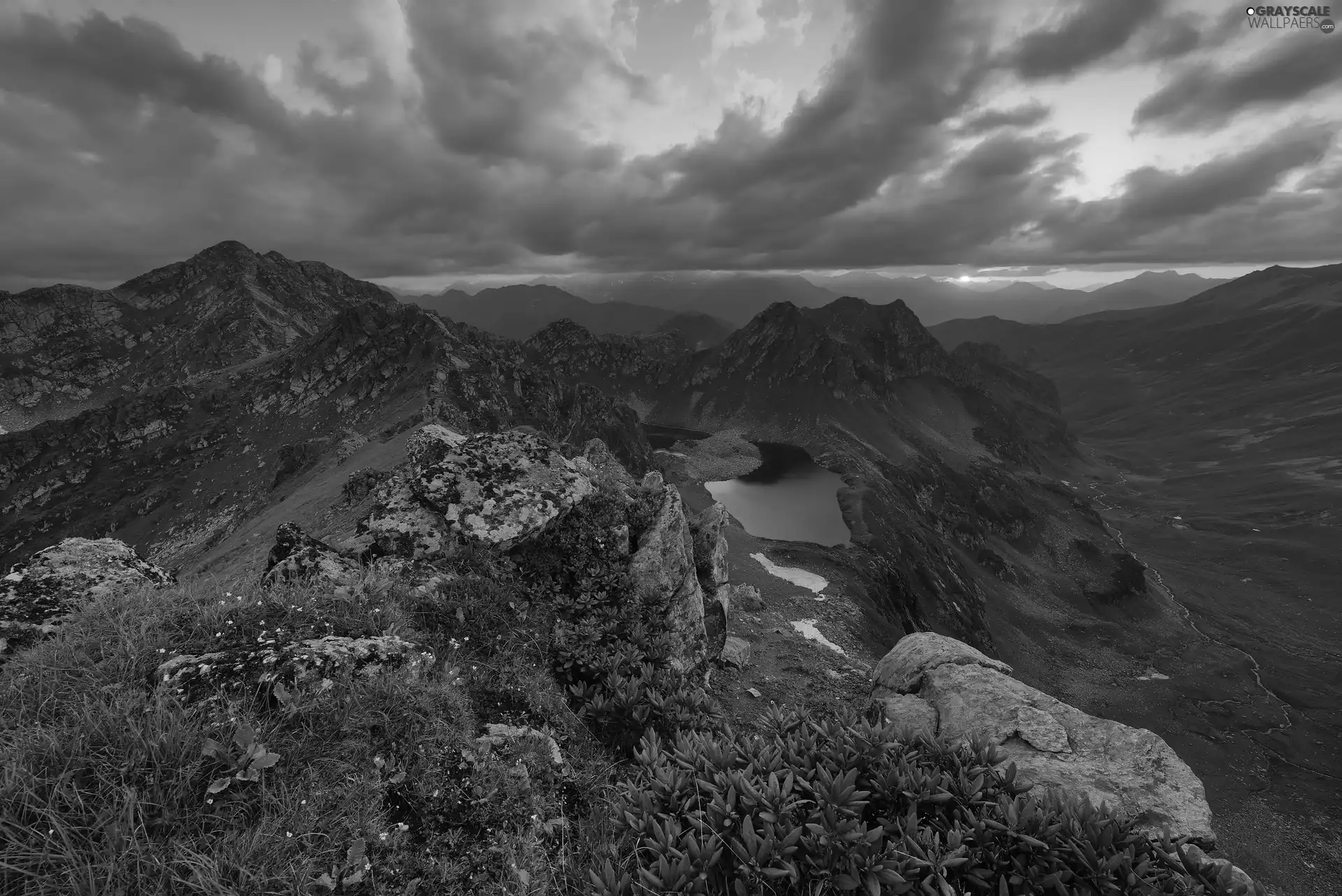 lake, clouds, rocks, VEGETATION, Mountains