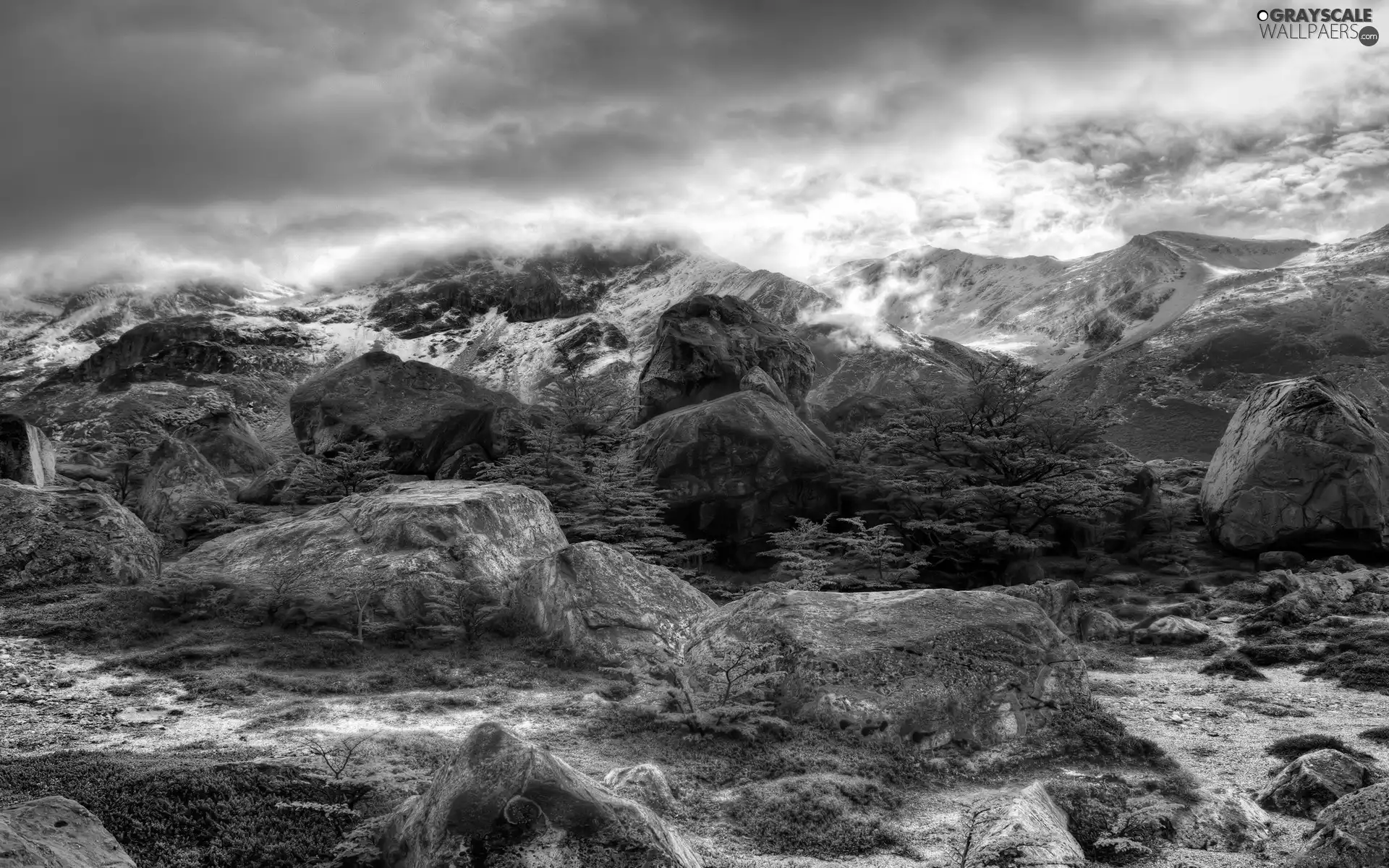 clouds, Mountains, rocks