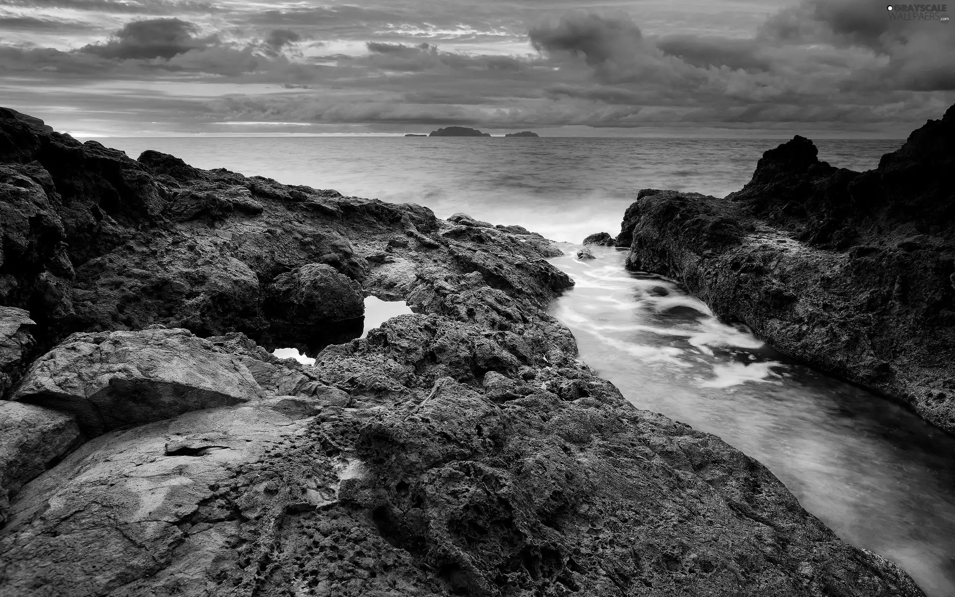 clouds, sea, rocks