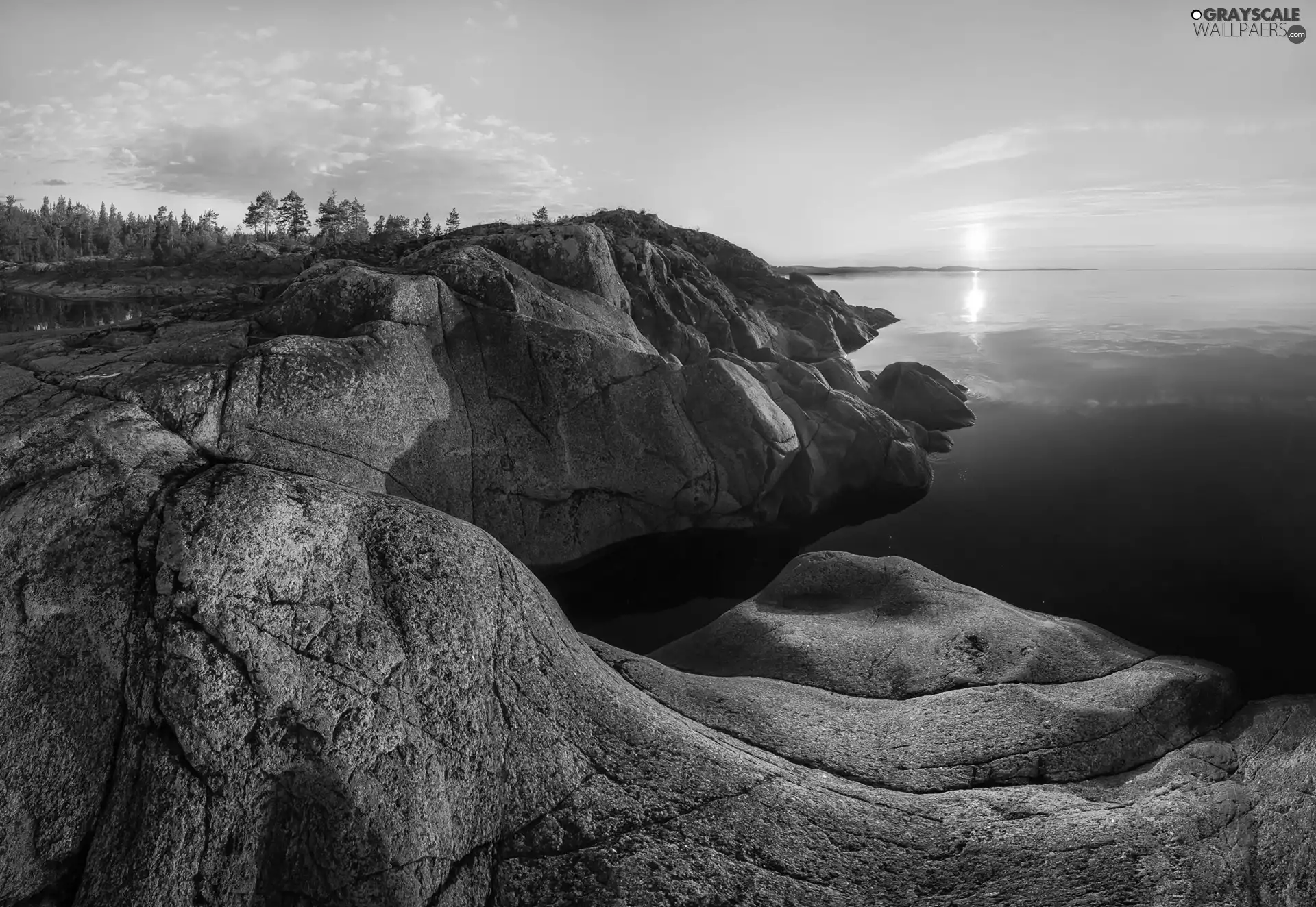 trees, lake, Sunrise, clouds, viewes, rocks