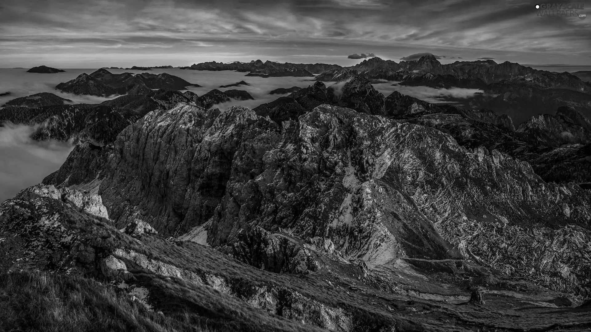 Fog, clouds, Rocky, peaks, Mountains