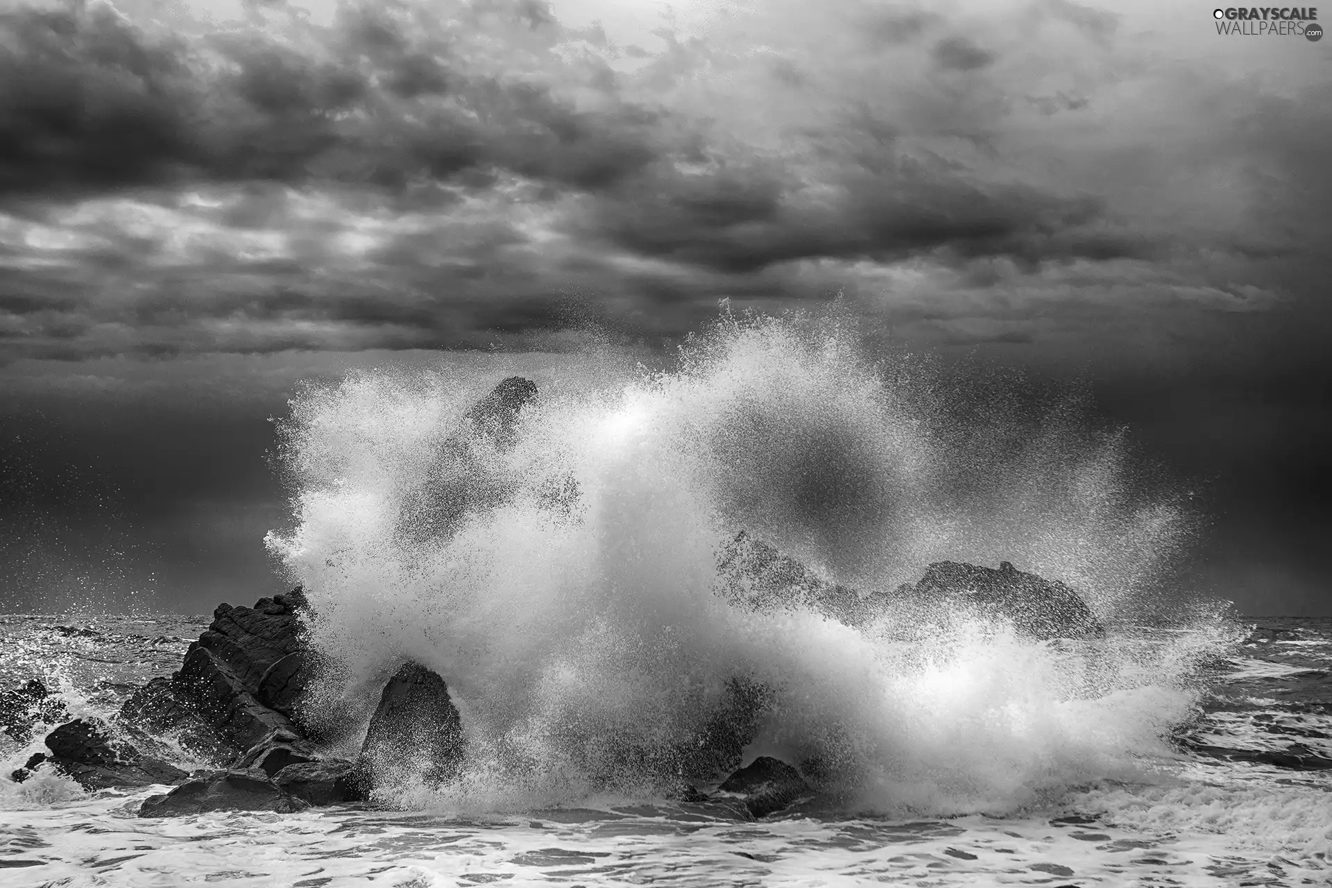 sea, rocks, clouds, Waves