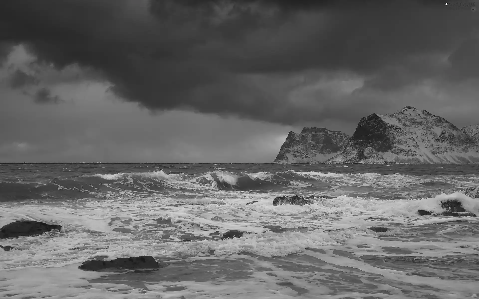 sea, rocks, clouds, Waves