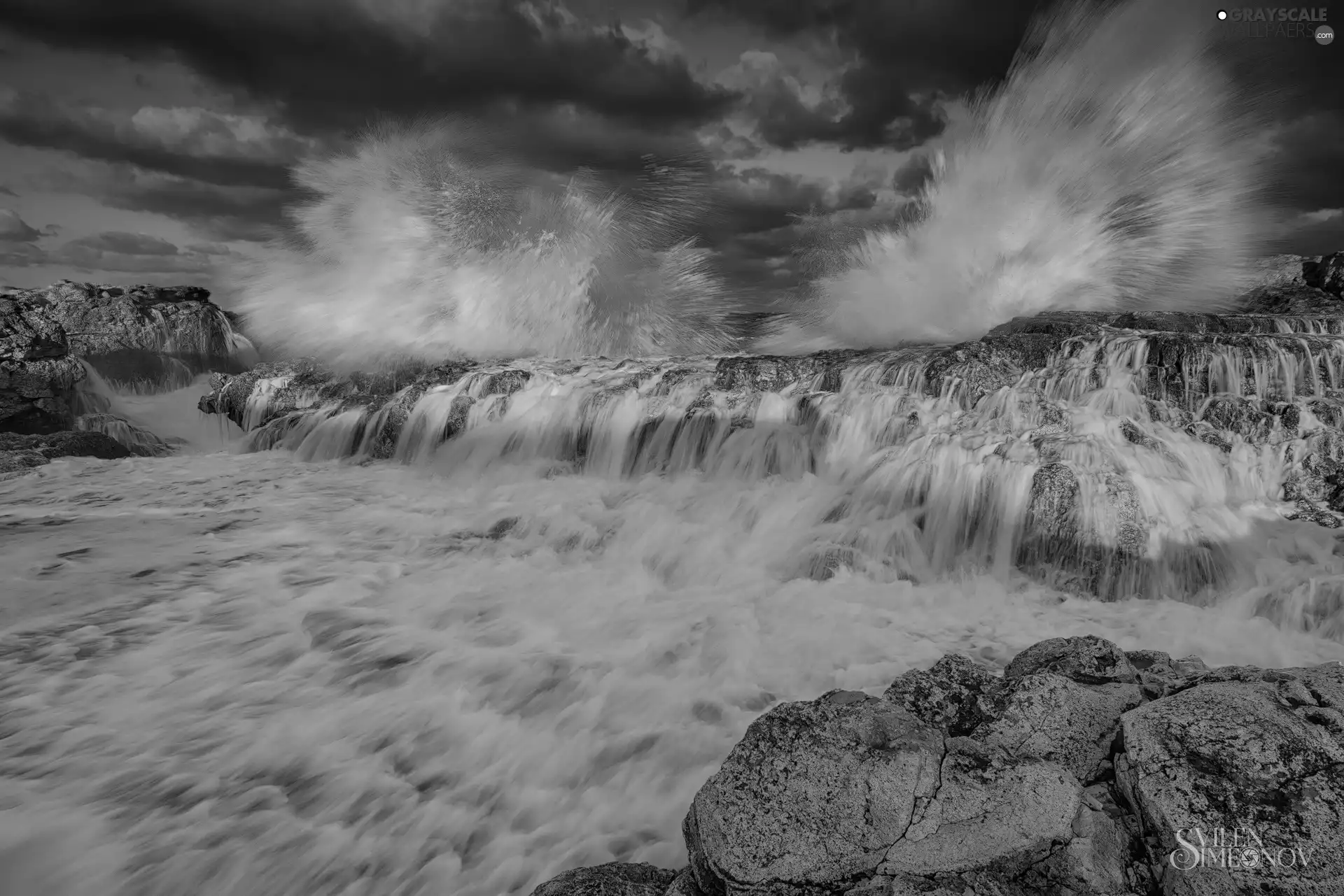 Waves, clouds, sea, rocks, rough