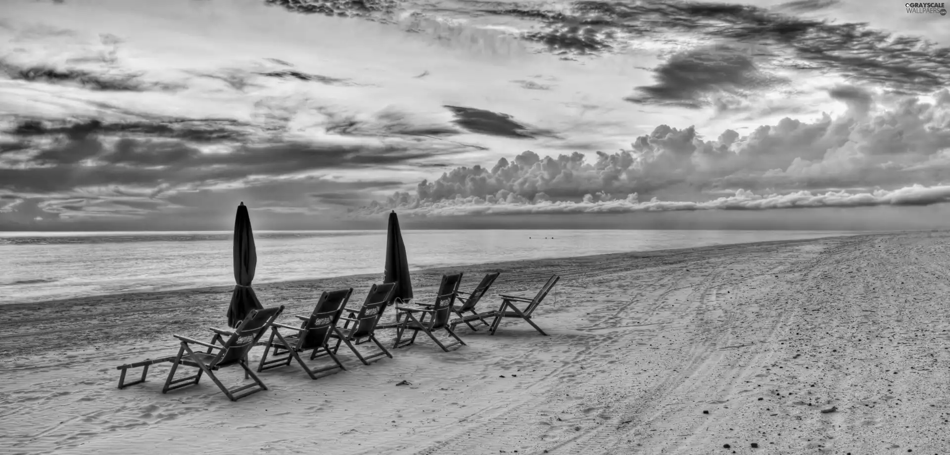 deck chair, sea, Sky, holiday, Clouds, Beaches