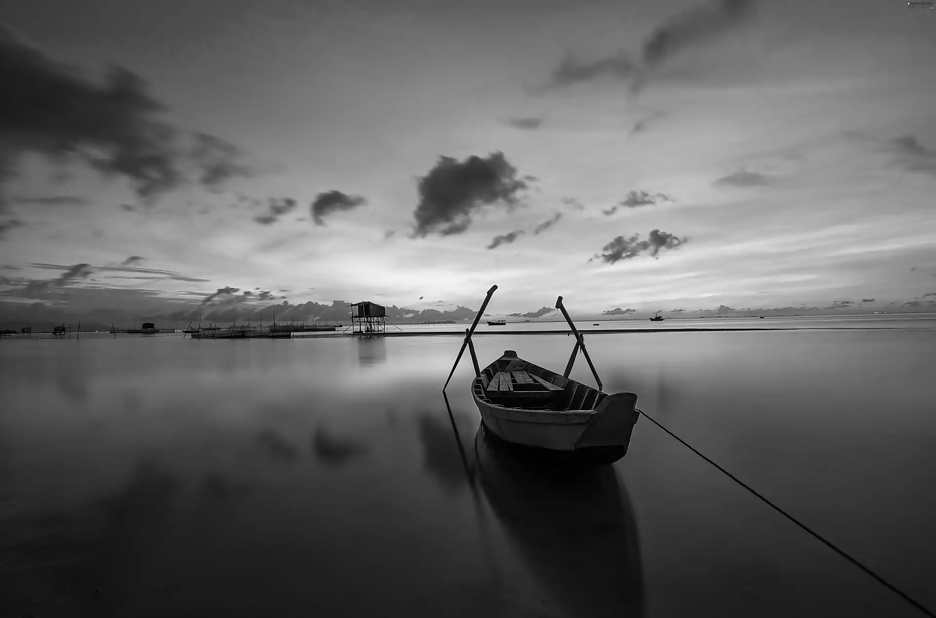 Boat, Island, clouds, Sky, dawn, sea