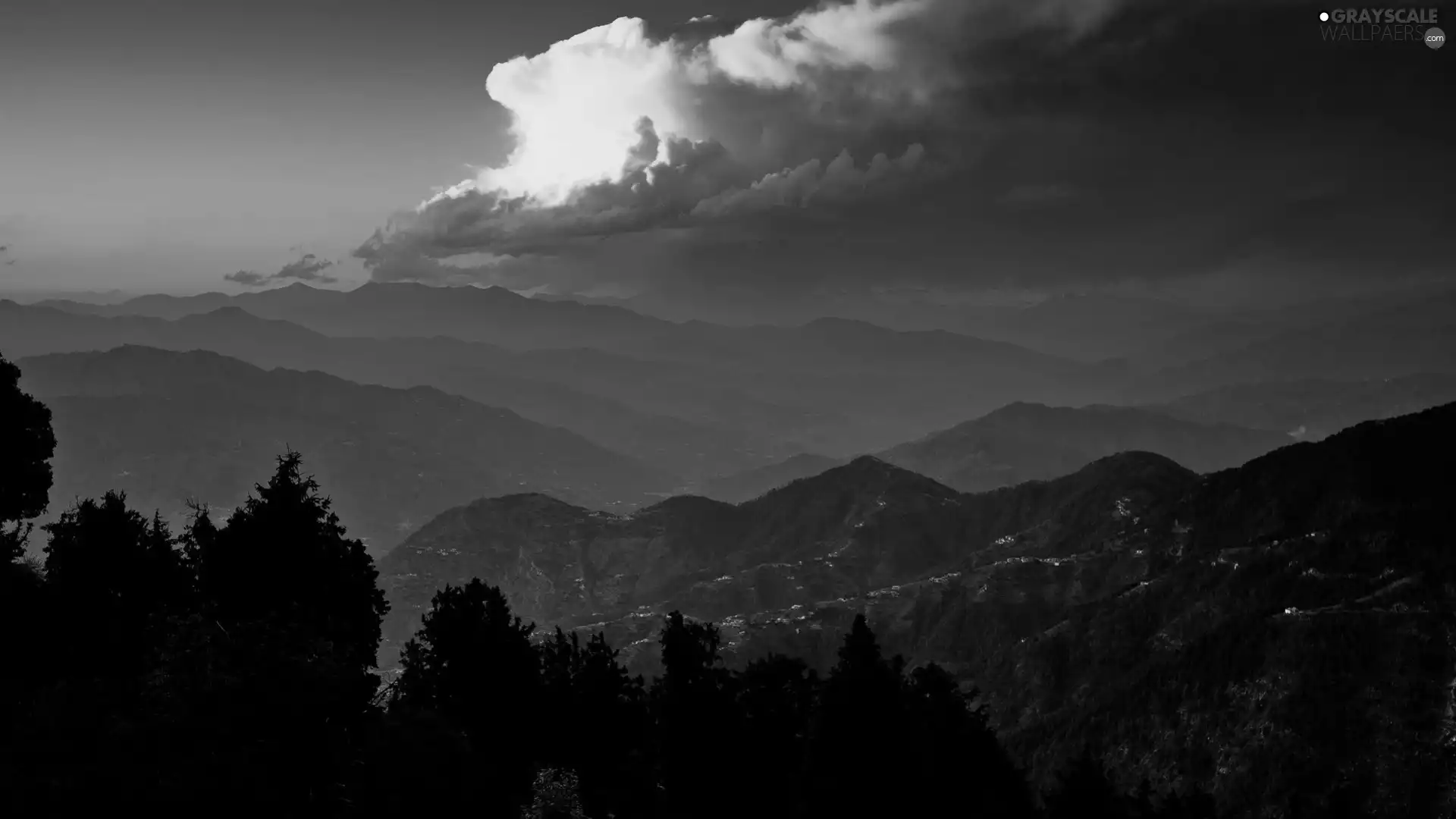 clouds, Sky, trees, viewes, Mountains