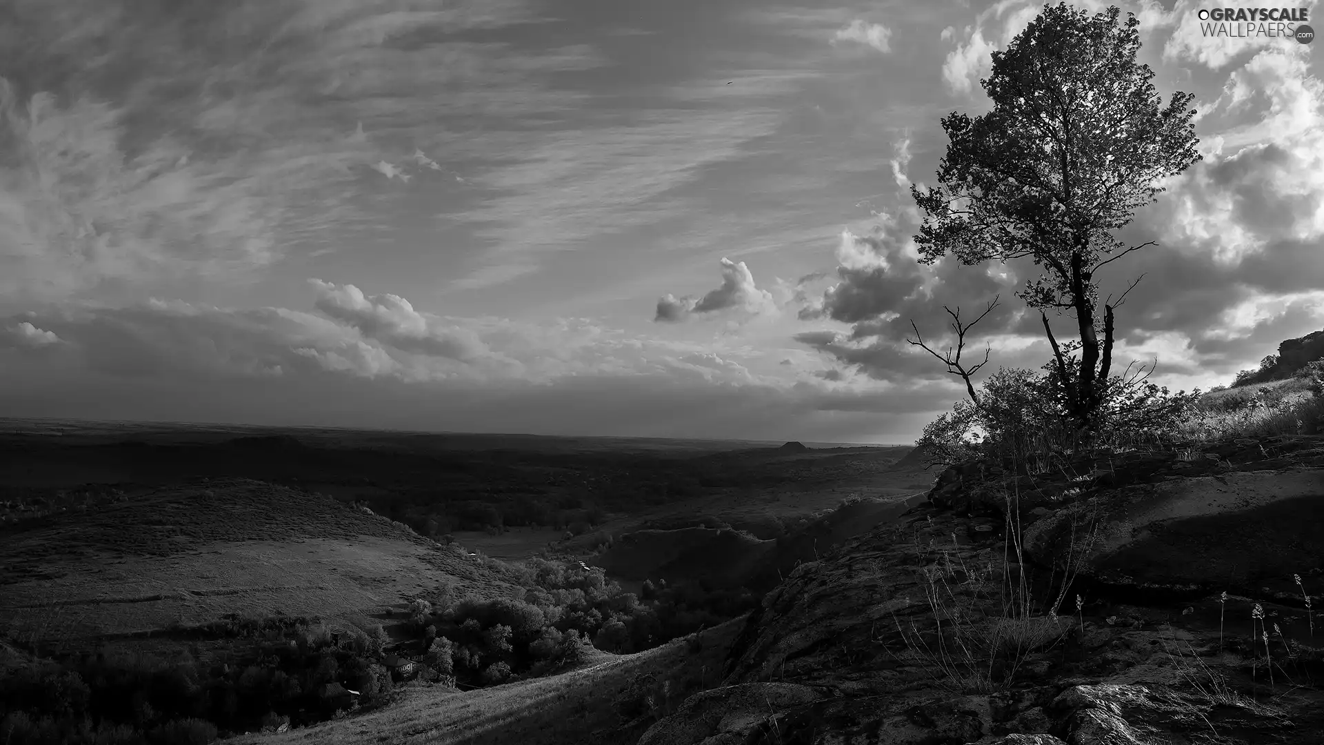 viewes, rocks, Sky, clouds, The Hills, trees