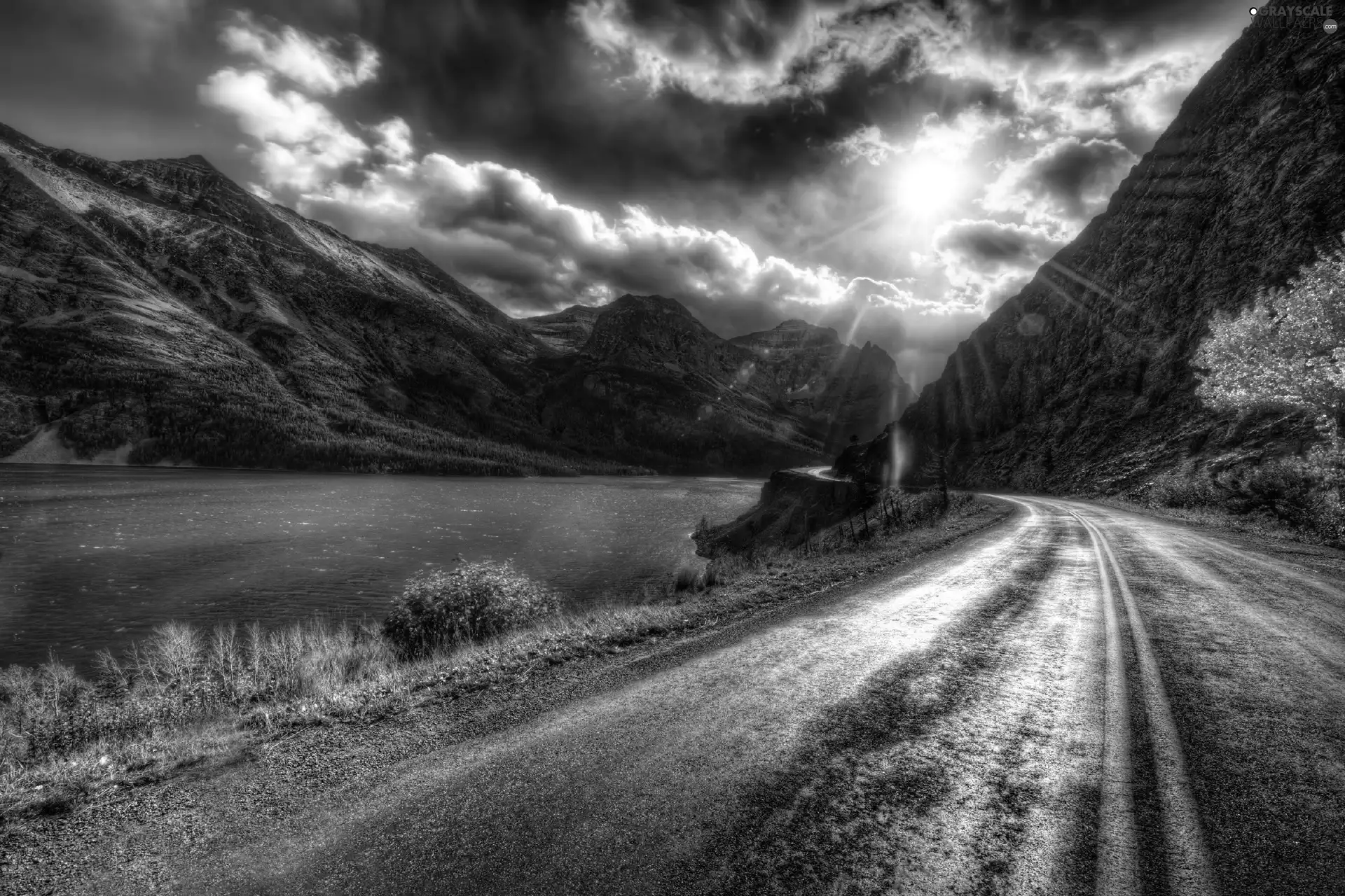 Clouds, Sky, lake, Mountains, Way