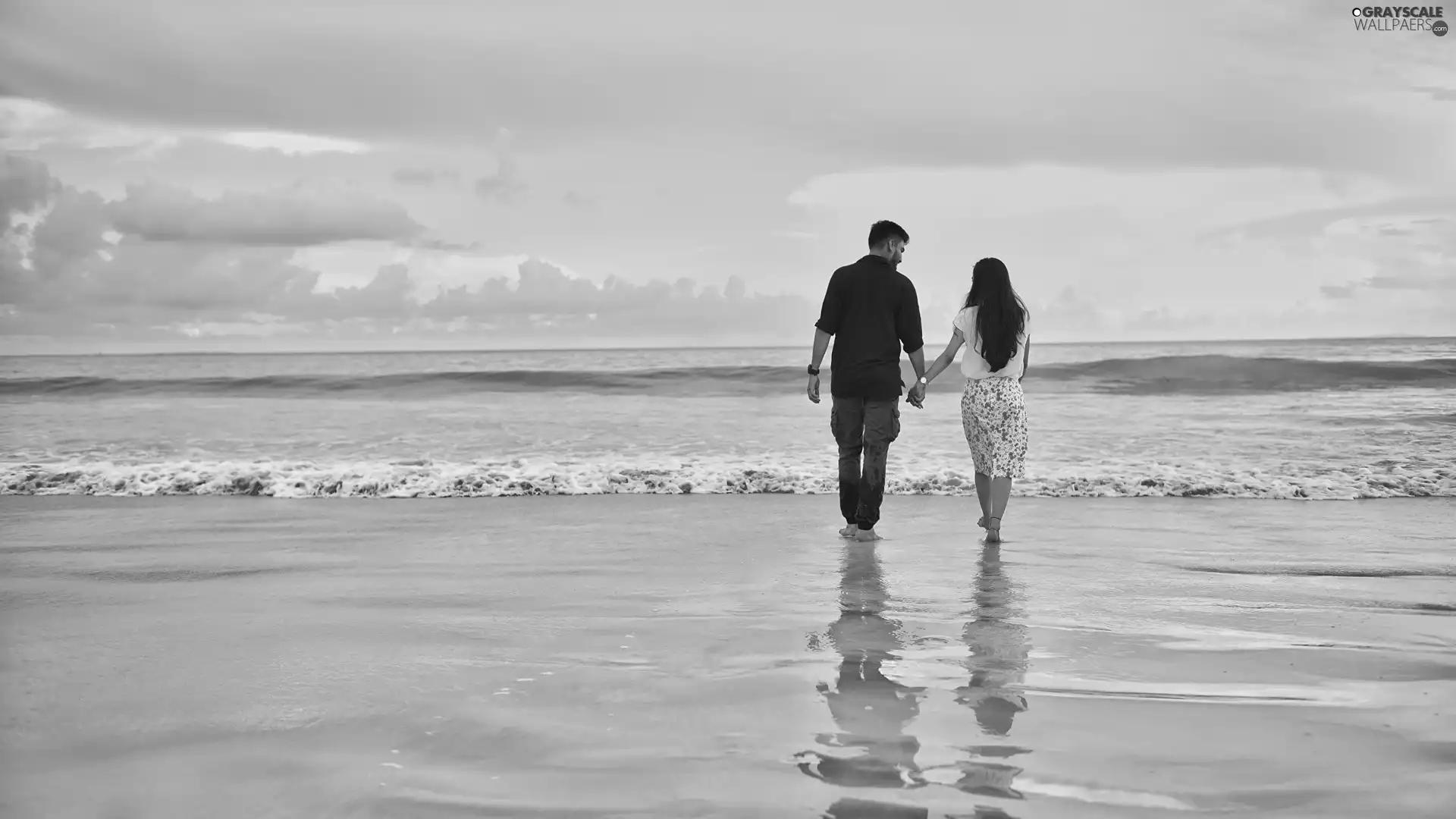 Waves, Women, Sky, a man, sea, wander, clouds