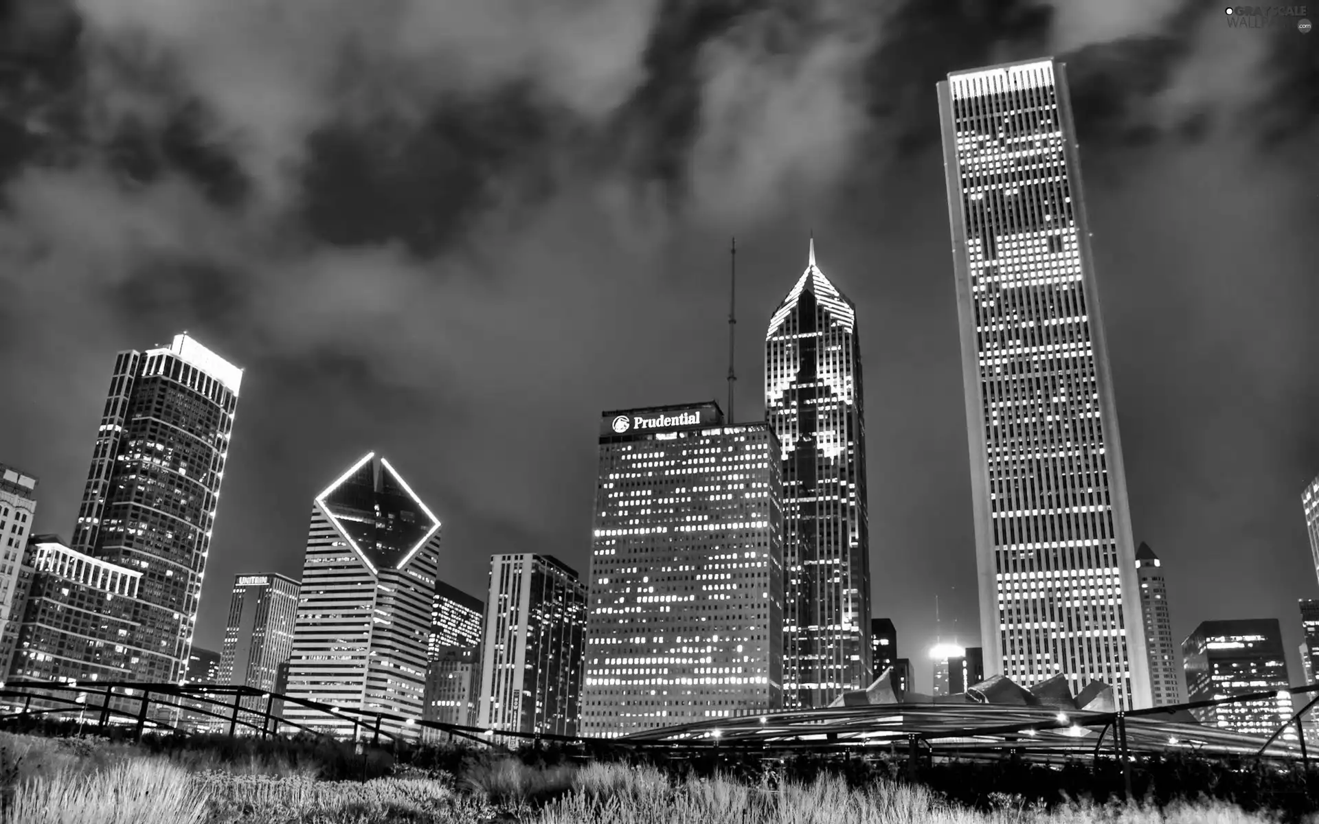 clouds, illuminated, skyscrapers