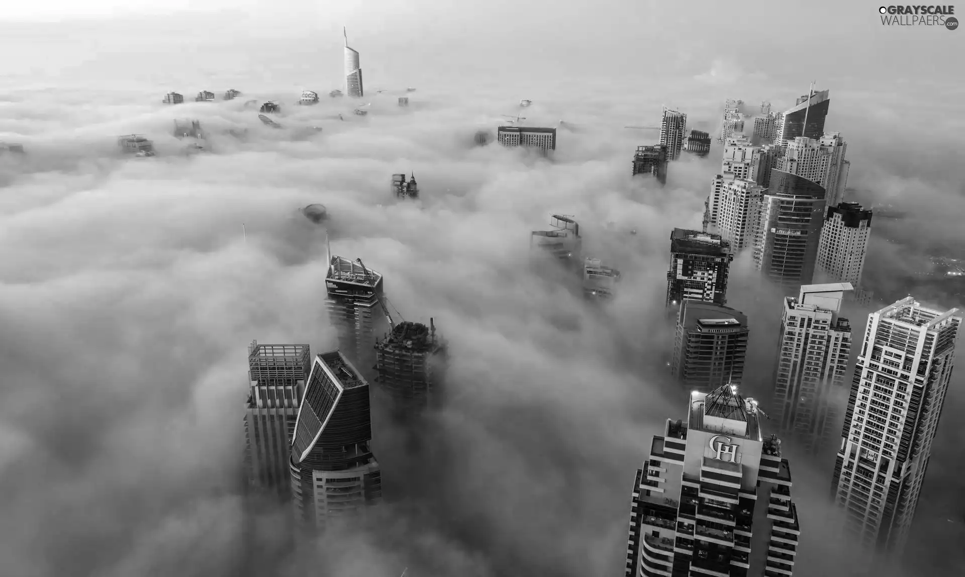 skyscrapers, clouds