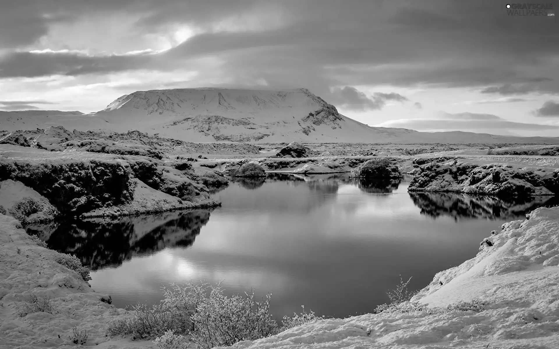 lake, clouds, snow, Mountains, winter