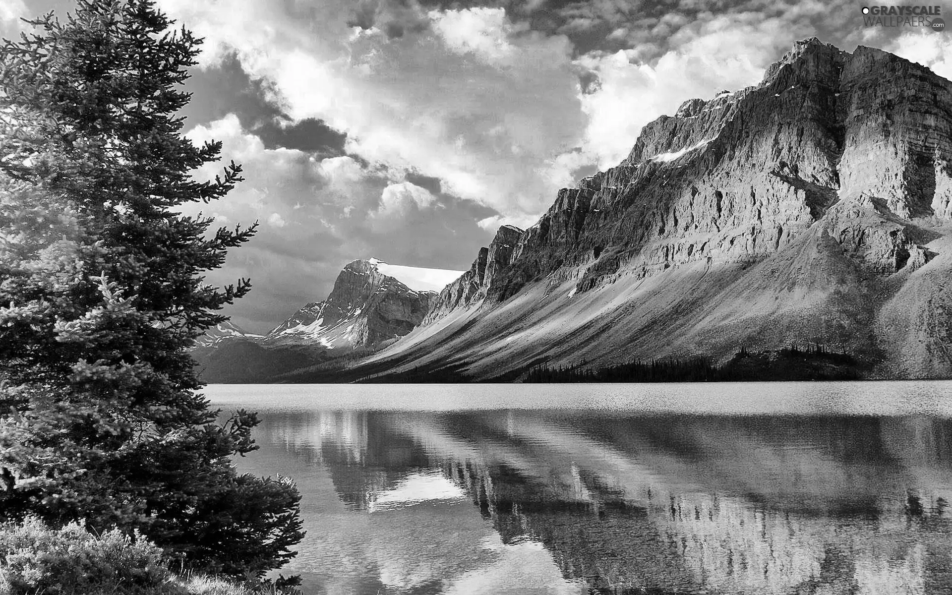 clouds, spruce, Mountains, lake, beatyfull