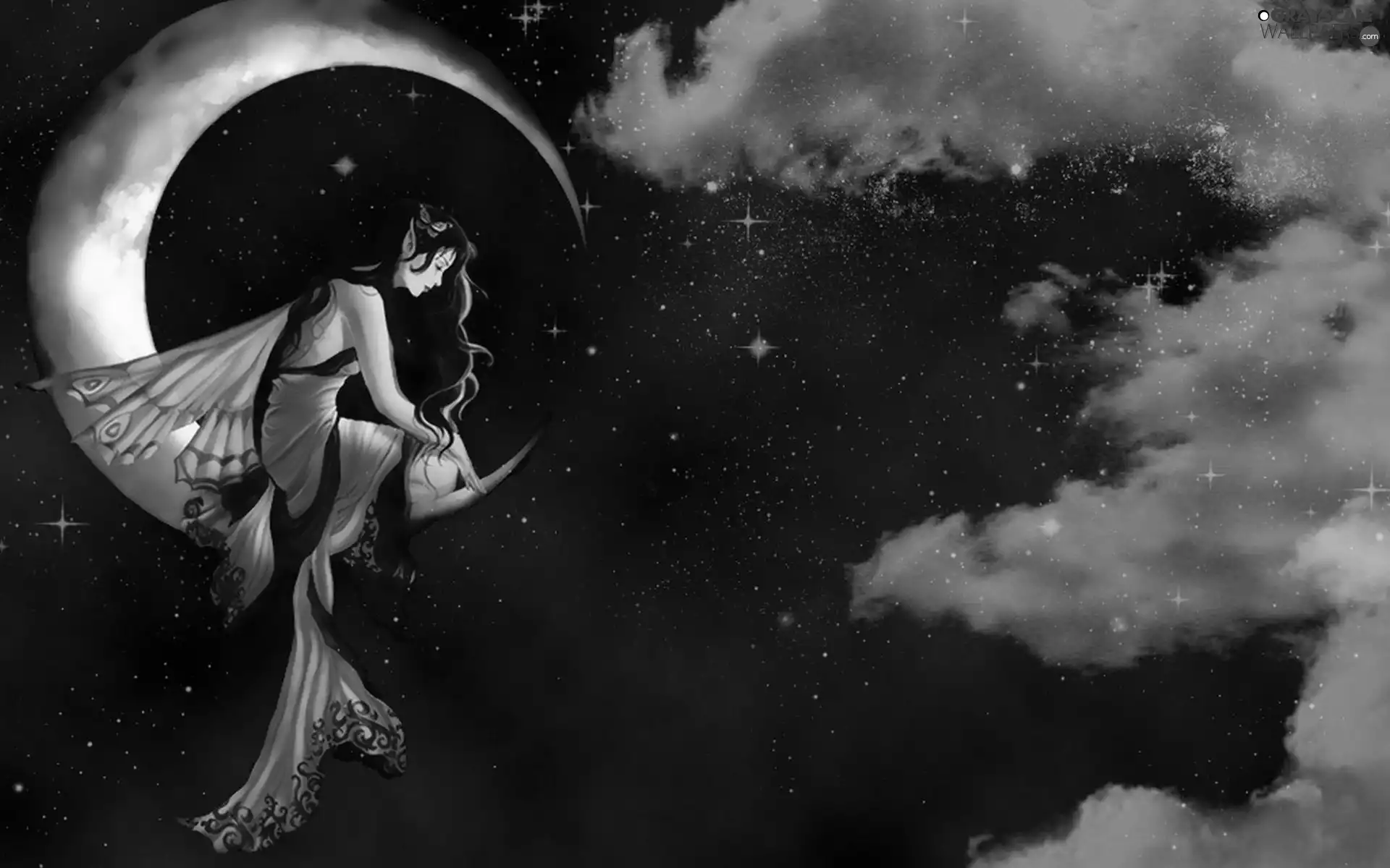 clouds, Stars, Women, moon, graphics