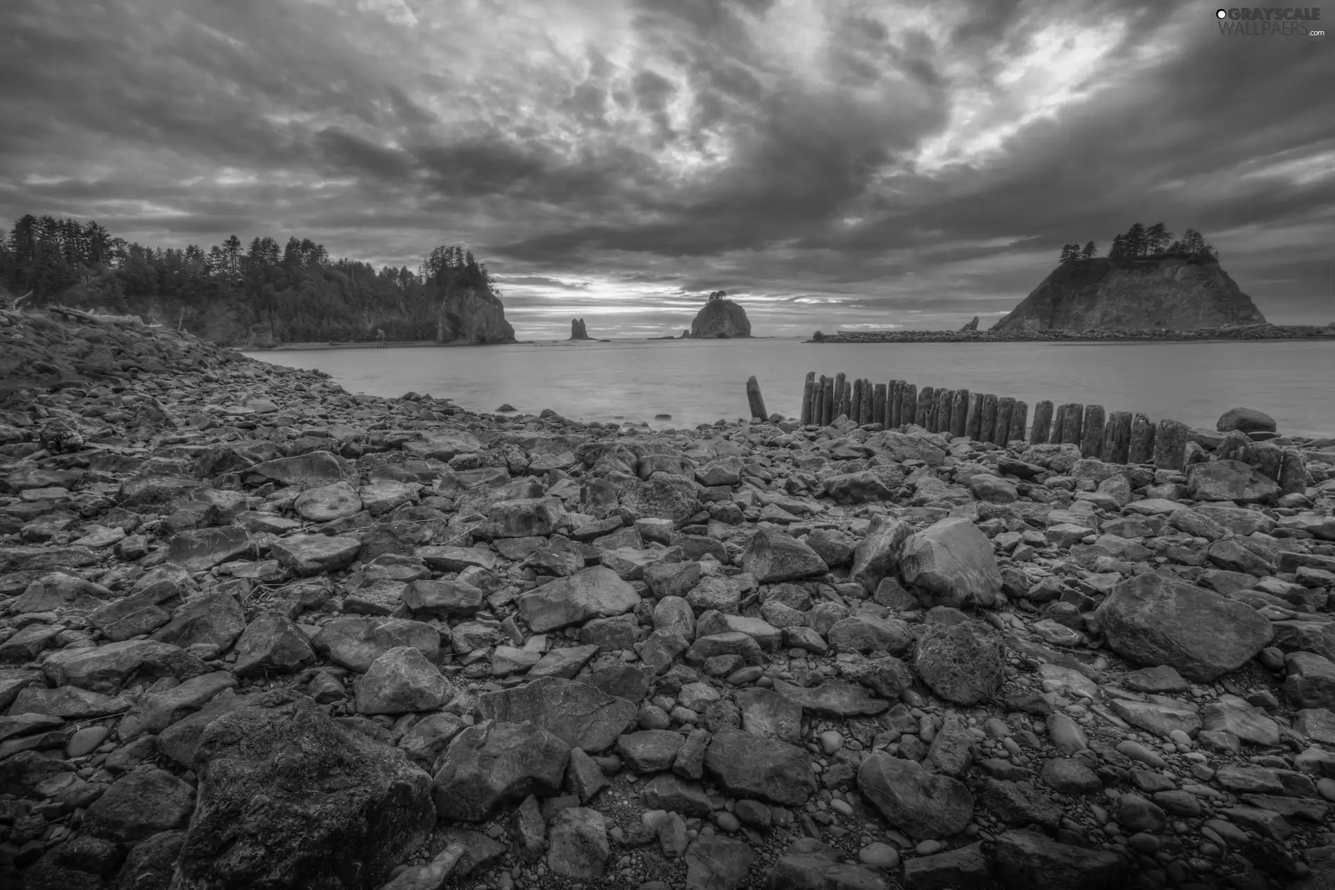 clouds, lake, Stones