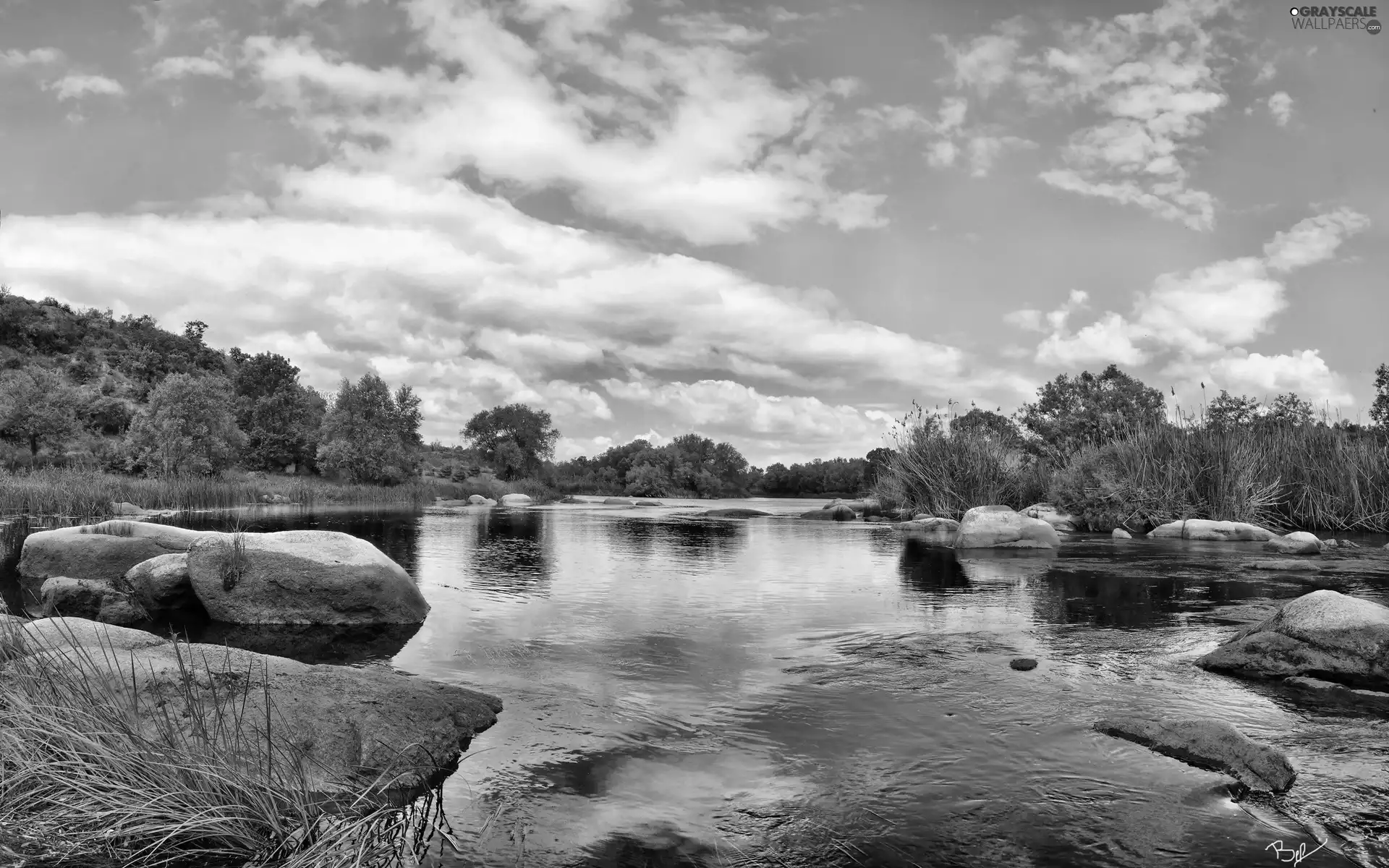 clouds, River, Stones