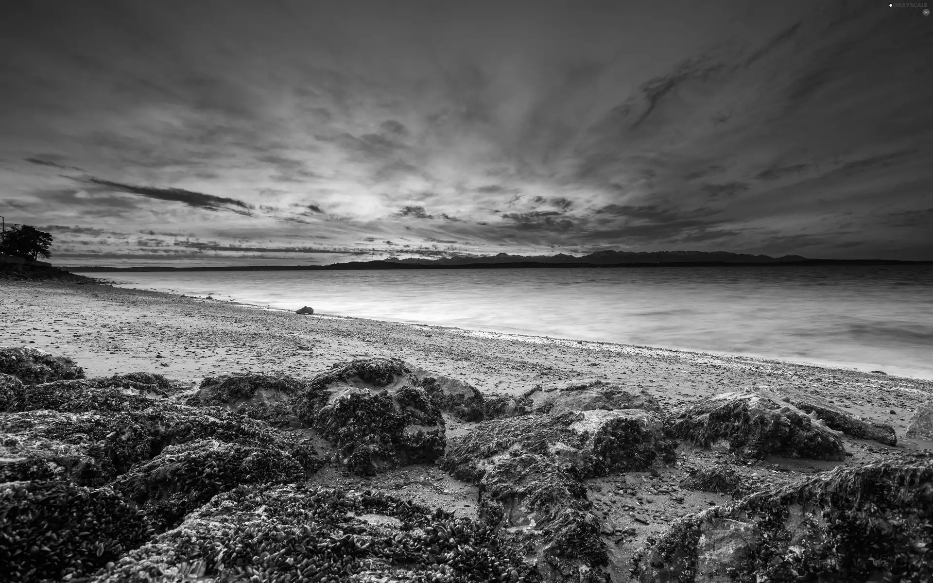 clouds, sea, Stones