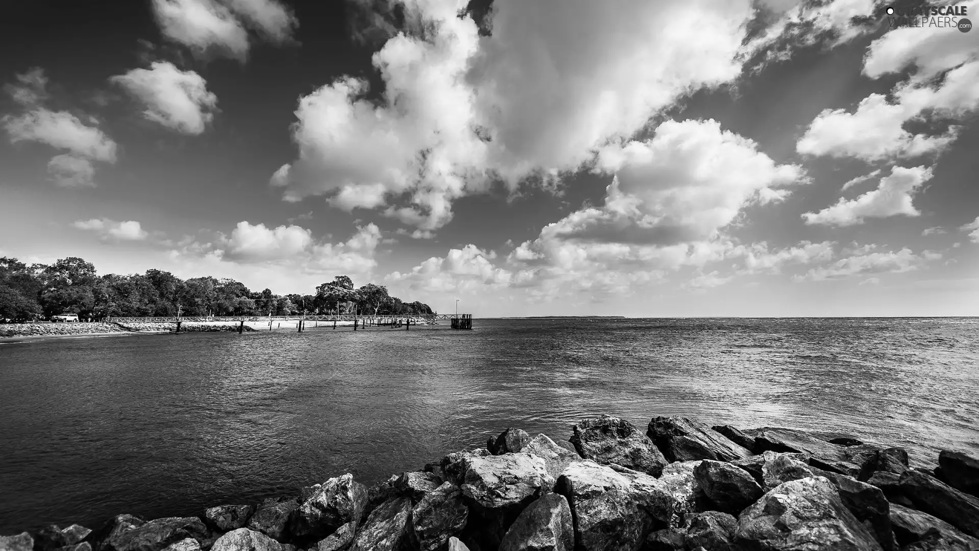 clouds, sea, Stones