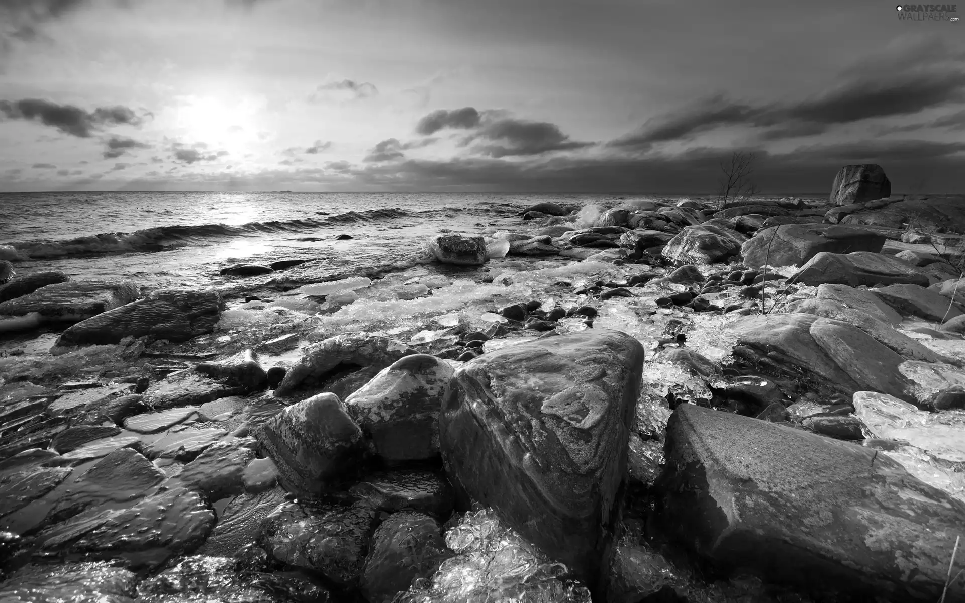 clouds, Stones, west, sun, sea