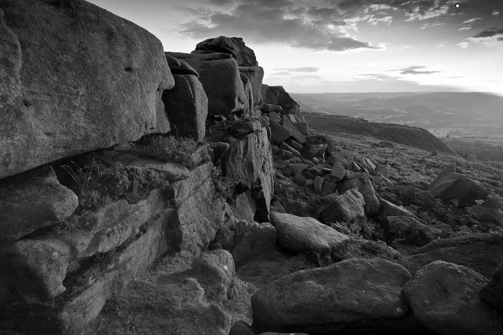 Stones, Sky, clouds, Moss
