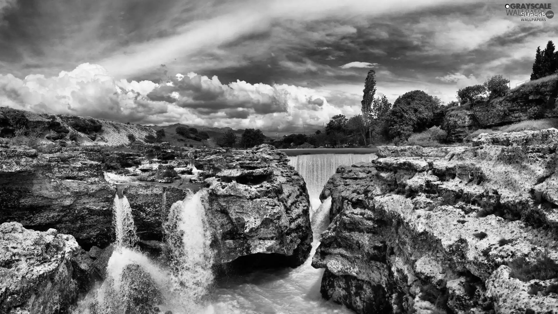 clouds, waterfall, Stones