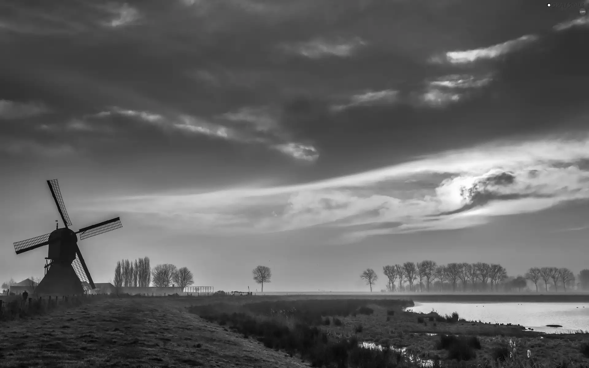 River, Windmill, clouds, Przebijające, luminosity, Fog, sun, flash, ligh