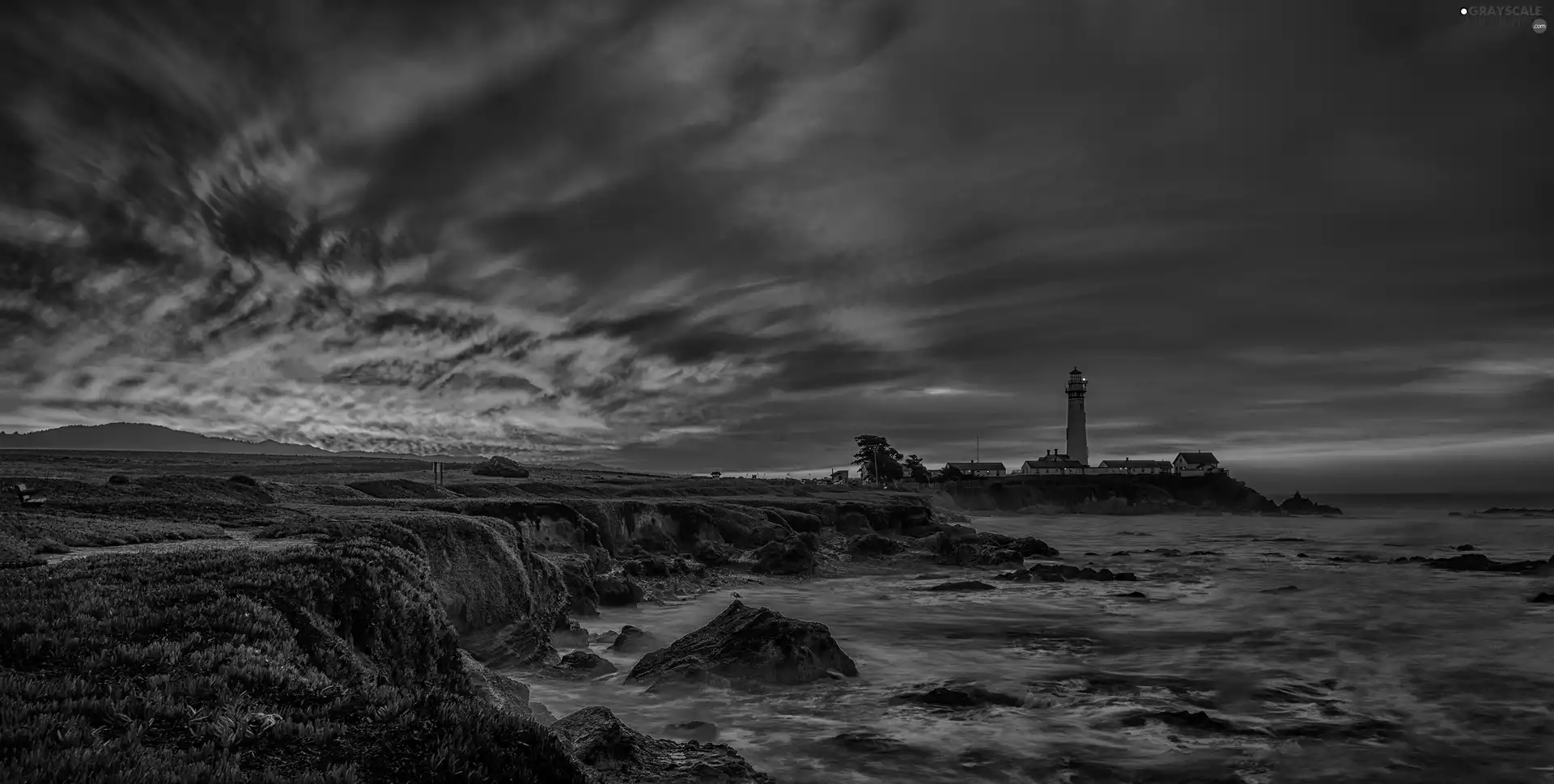 rocks, Lighthouse, west, maritime, Coast, clouds, sun