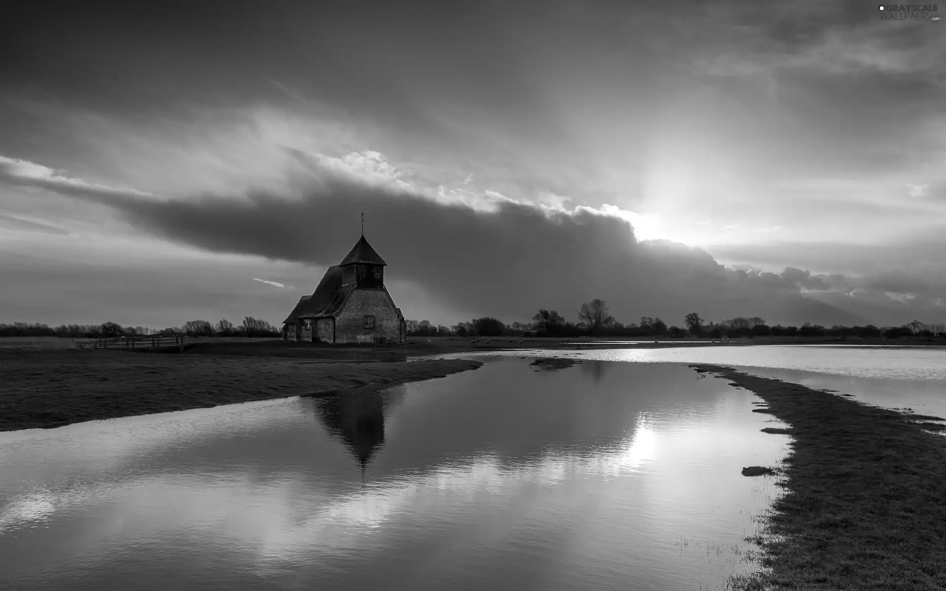 Sheep, Church, west, medows, River, clouds, sun