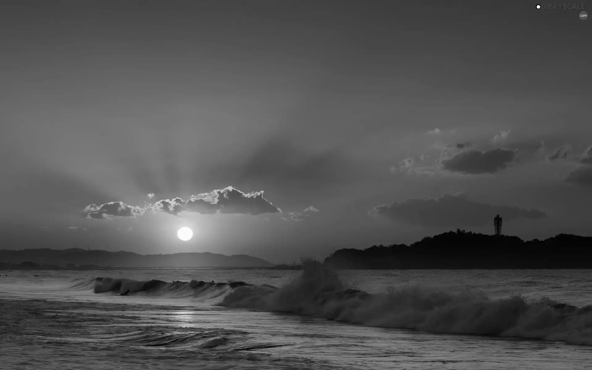 Waves, maritime, west, sea, Lighthouse, clouds, sun
