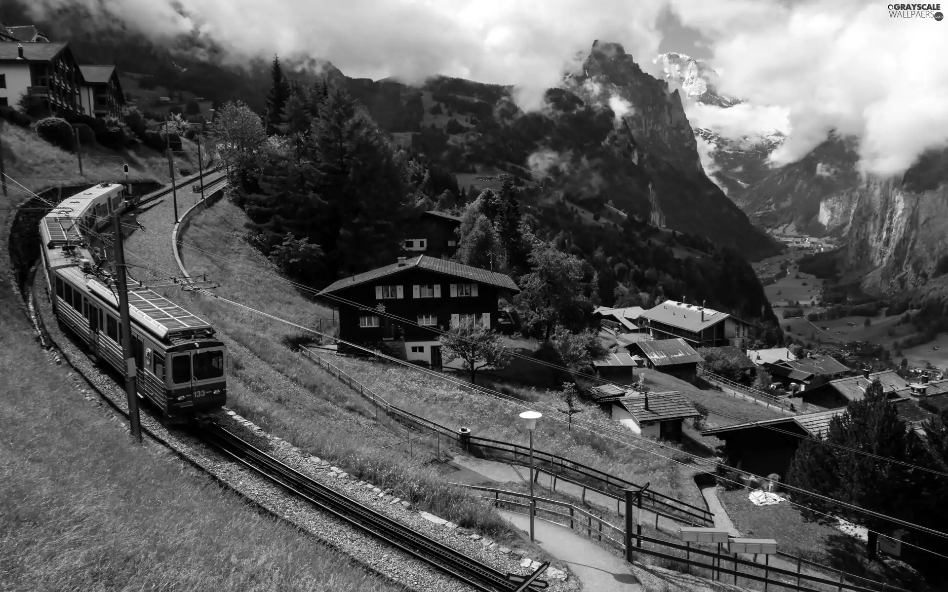 Mountains, train, Lauterbrunnen, Train, Houses, clouds, Switzerland