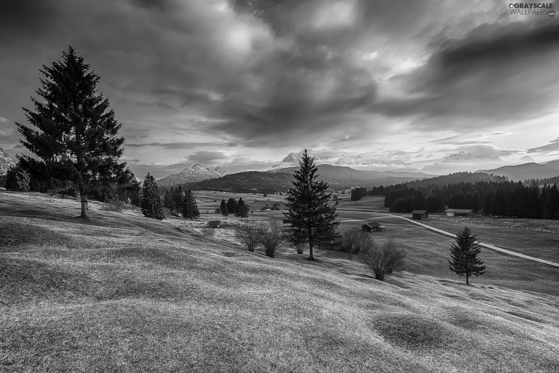 car in the meadow, Sky, viewes, clouds, Mountains, trees, Way