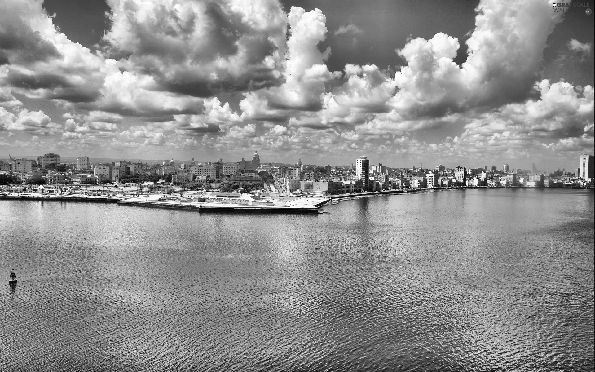 clouds, sea, Town