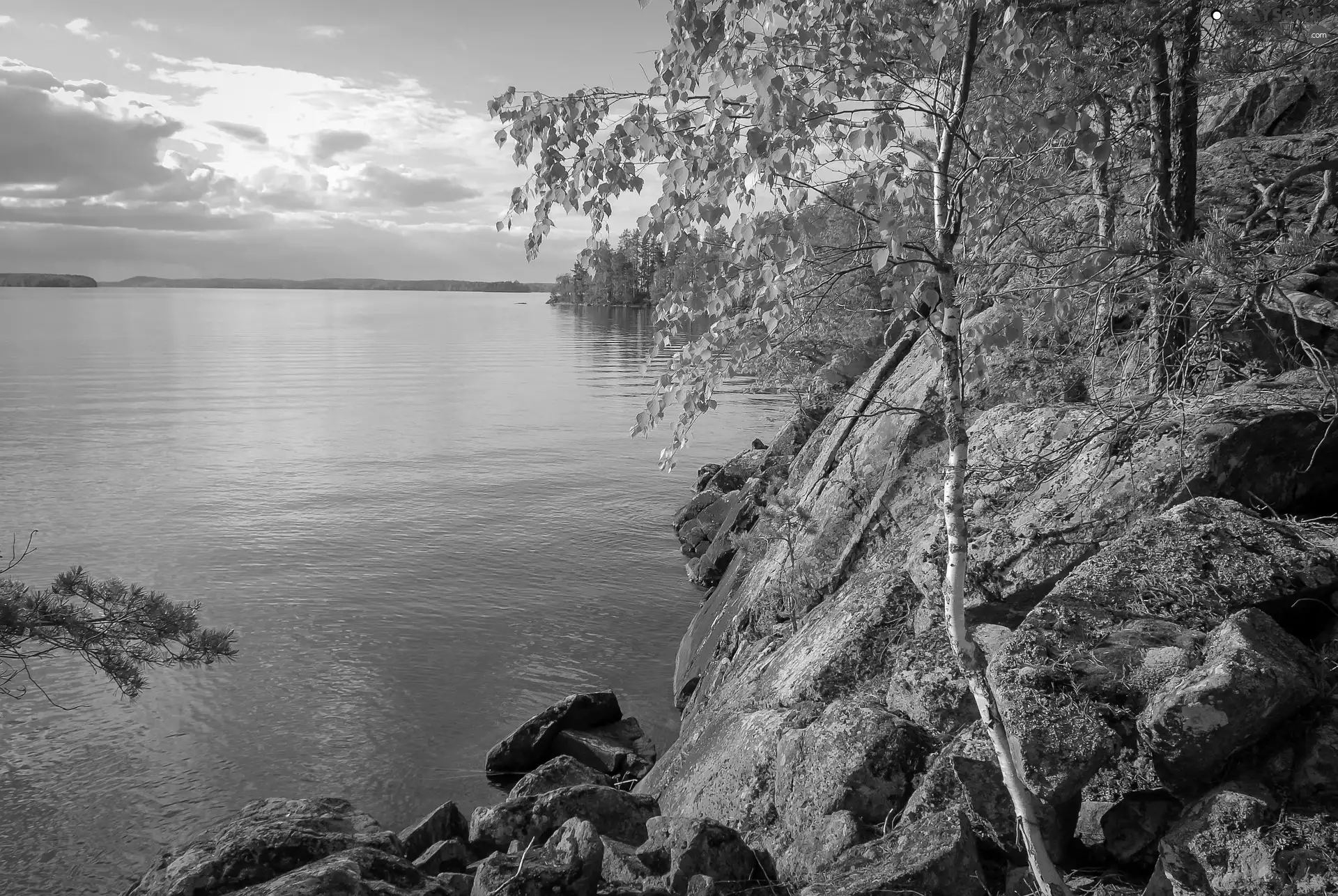 rocks, clouds, trees, viewes, lake