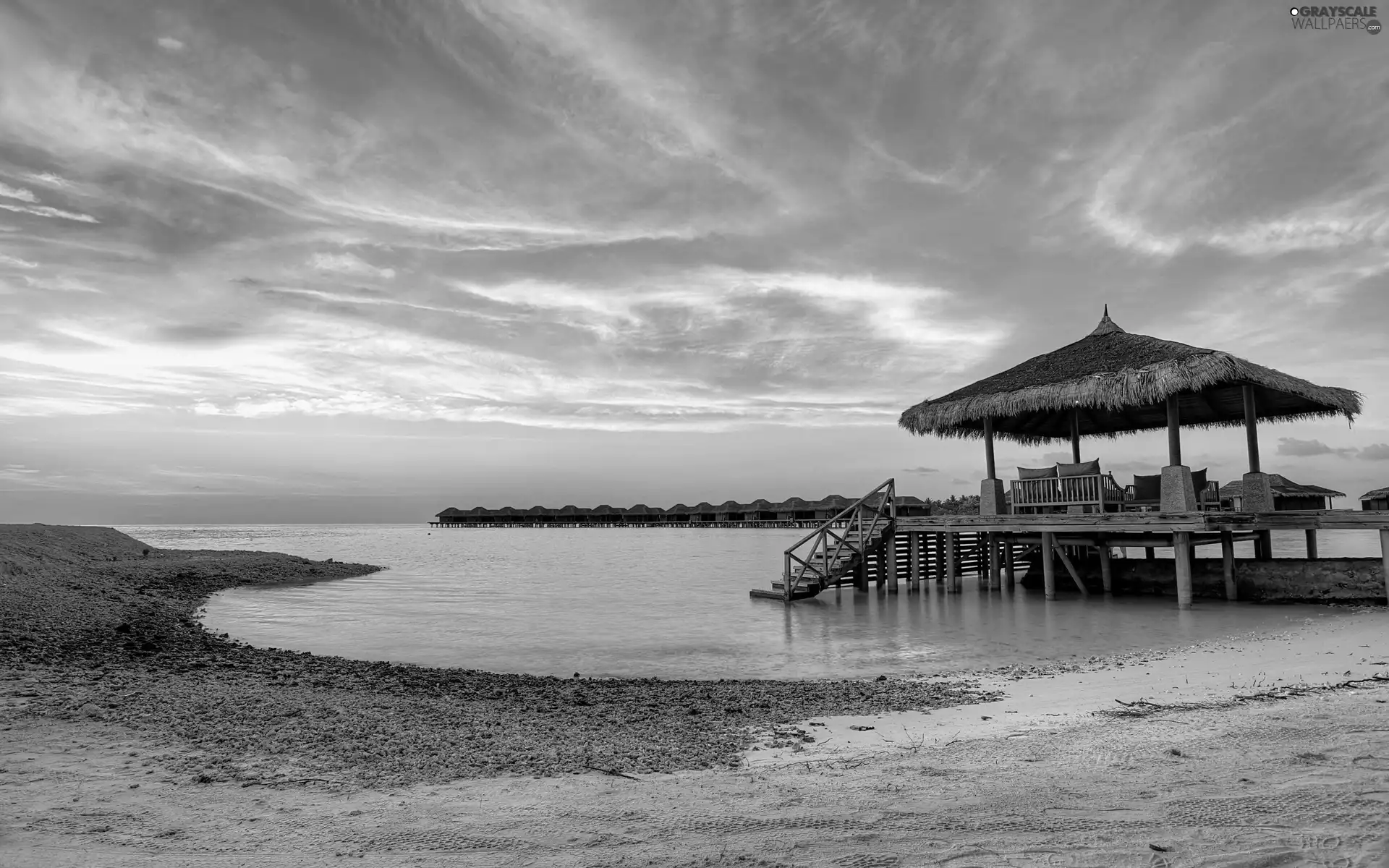 piles, Houses, clouds, Tropical, sea, an