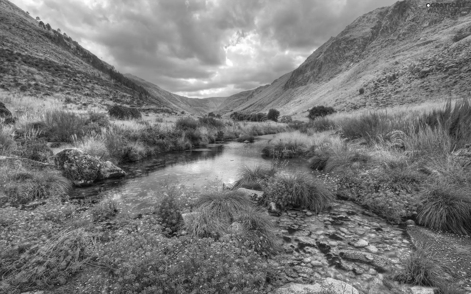 water, Mountains, clouds, Valley