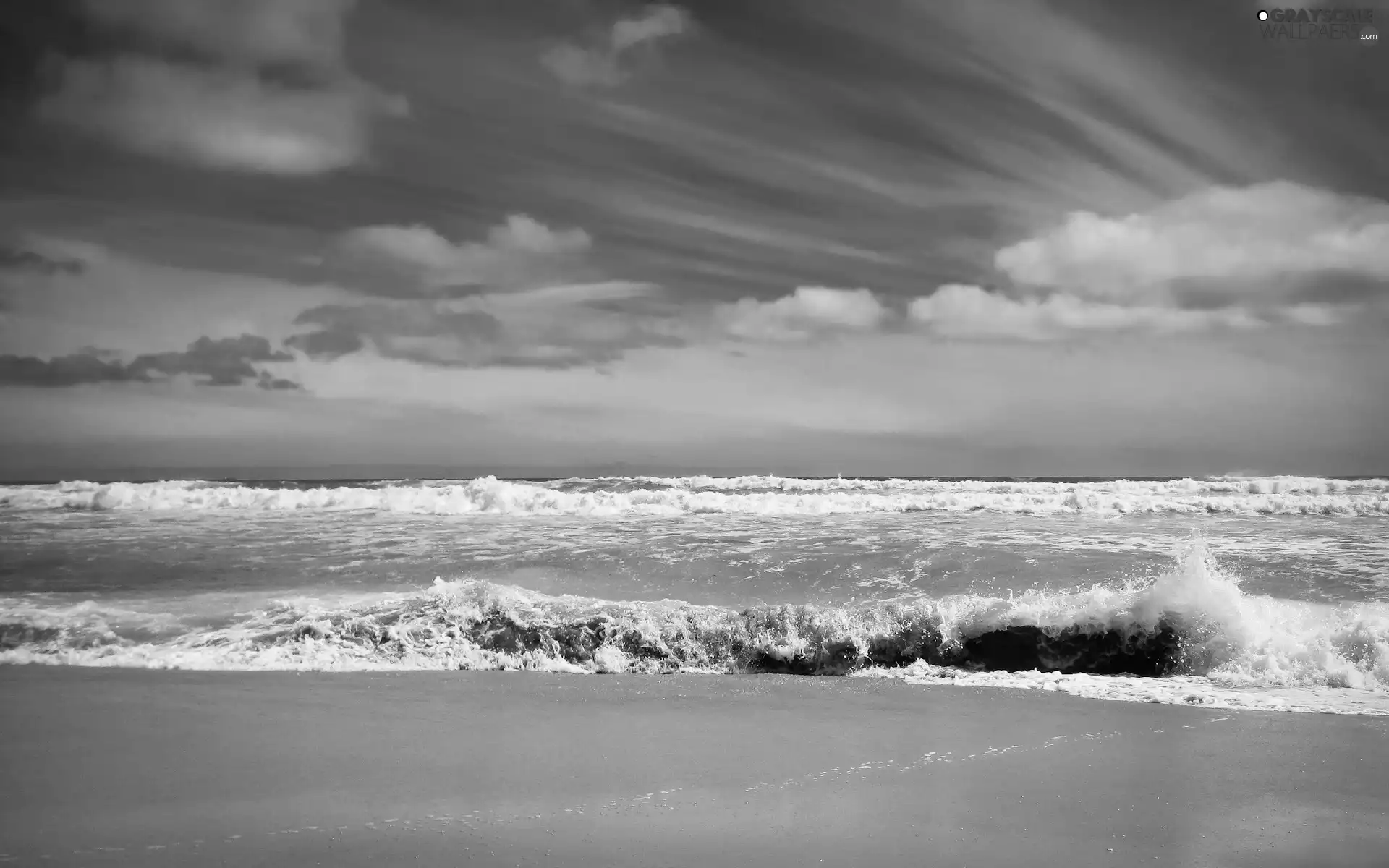 water, Sand, clouds, Waves