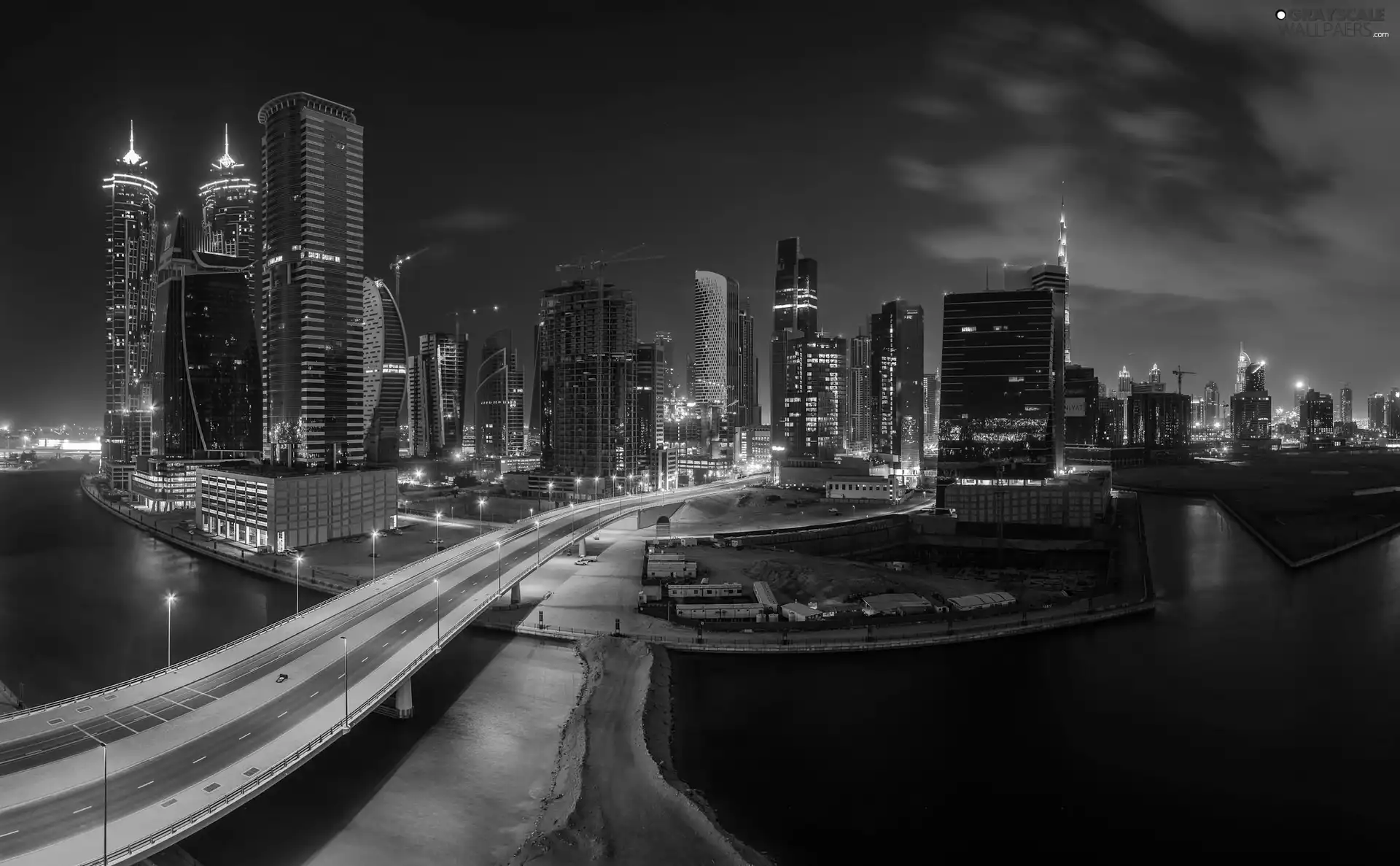 clouds, Way, Night, skyscrapers, Dubaj
