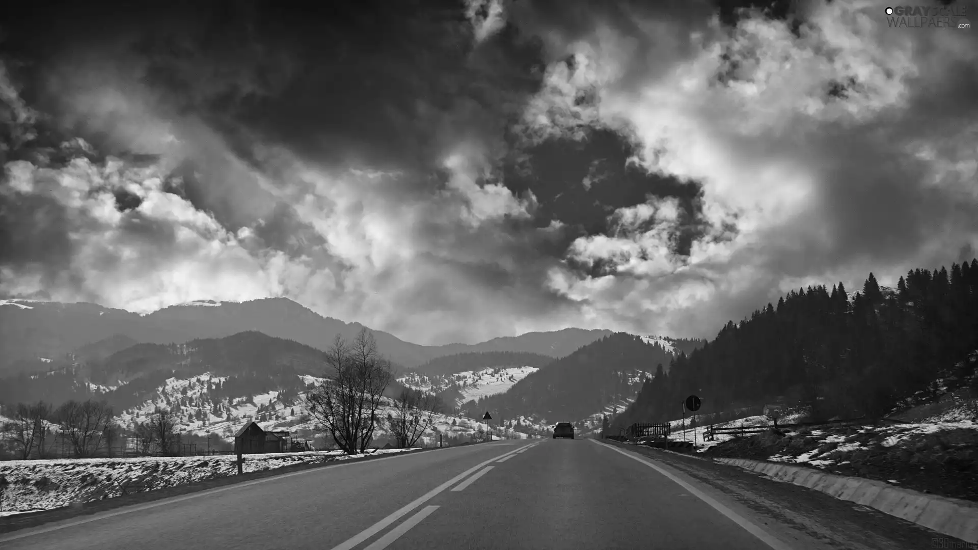 Way, woods, clouds, Mountains