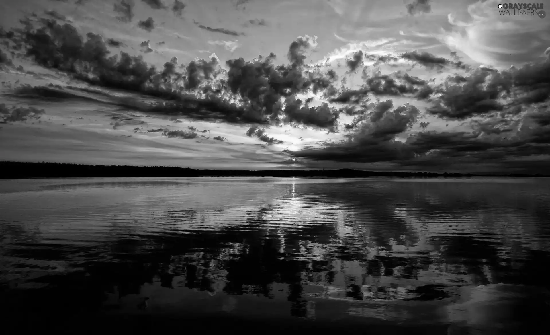 west, lake, clouds, sun