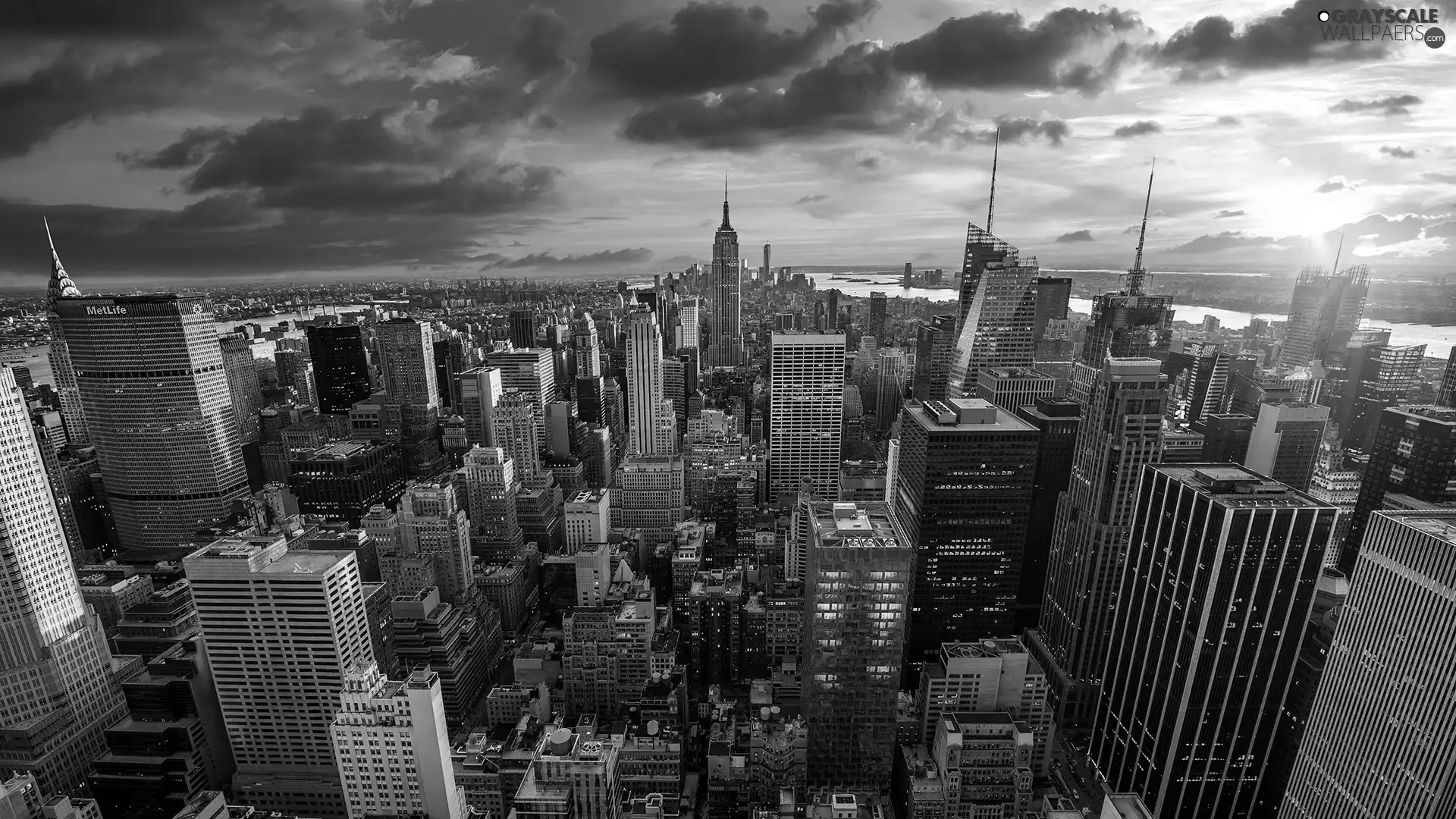 west, skyscrapers, clouds, sun