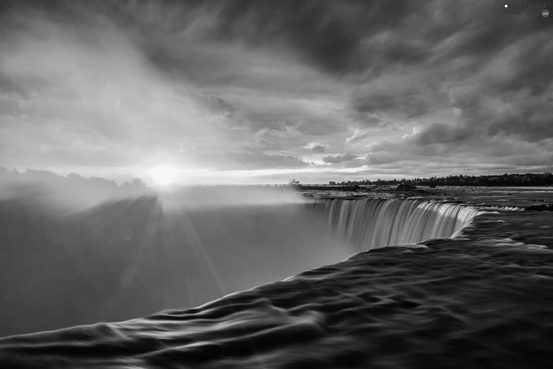 west, waterfall, clouds, sun