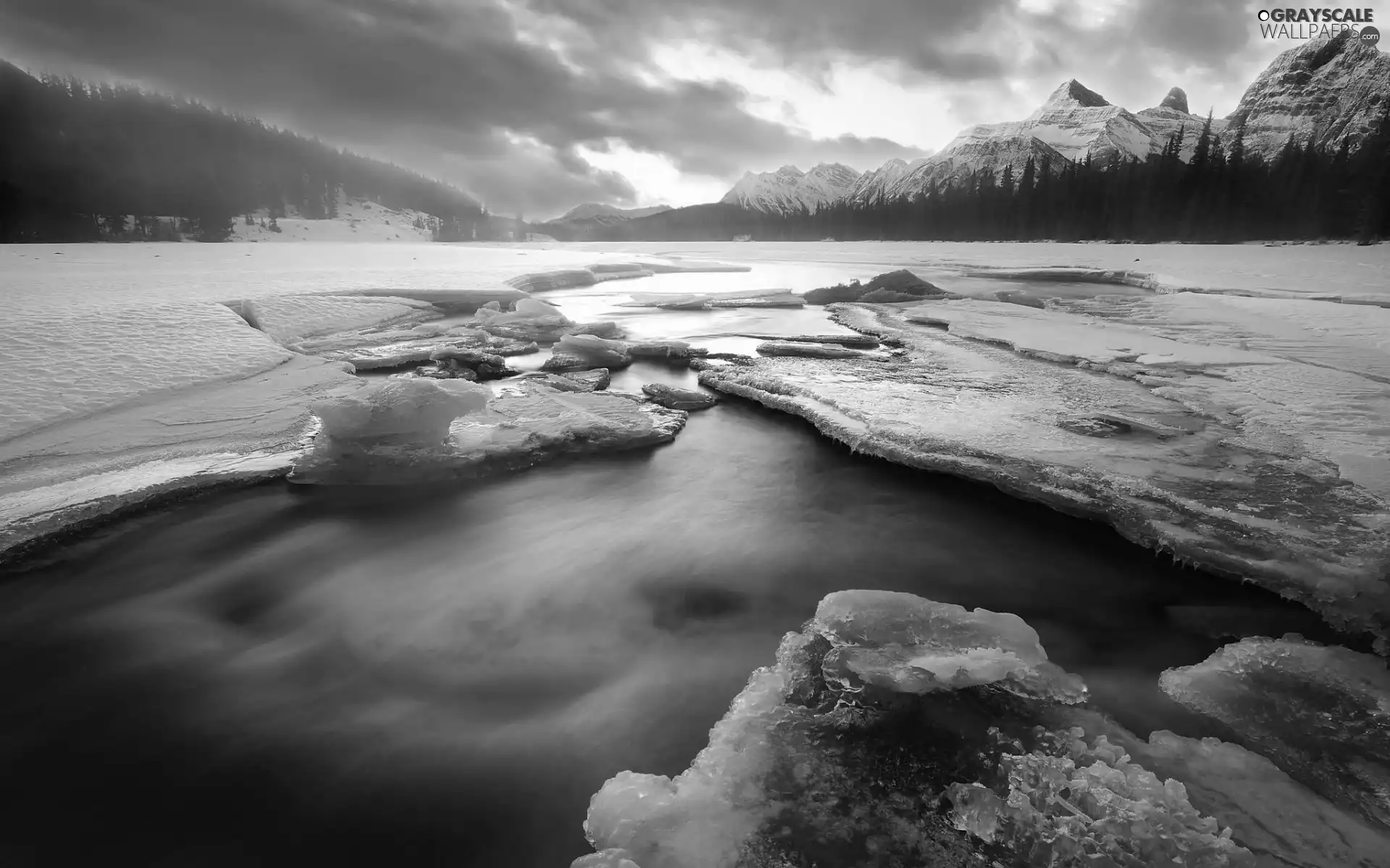 snow, Mountains, forest, clouds, lake, winter