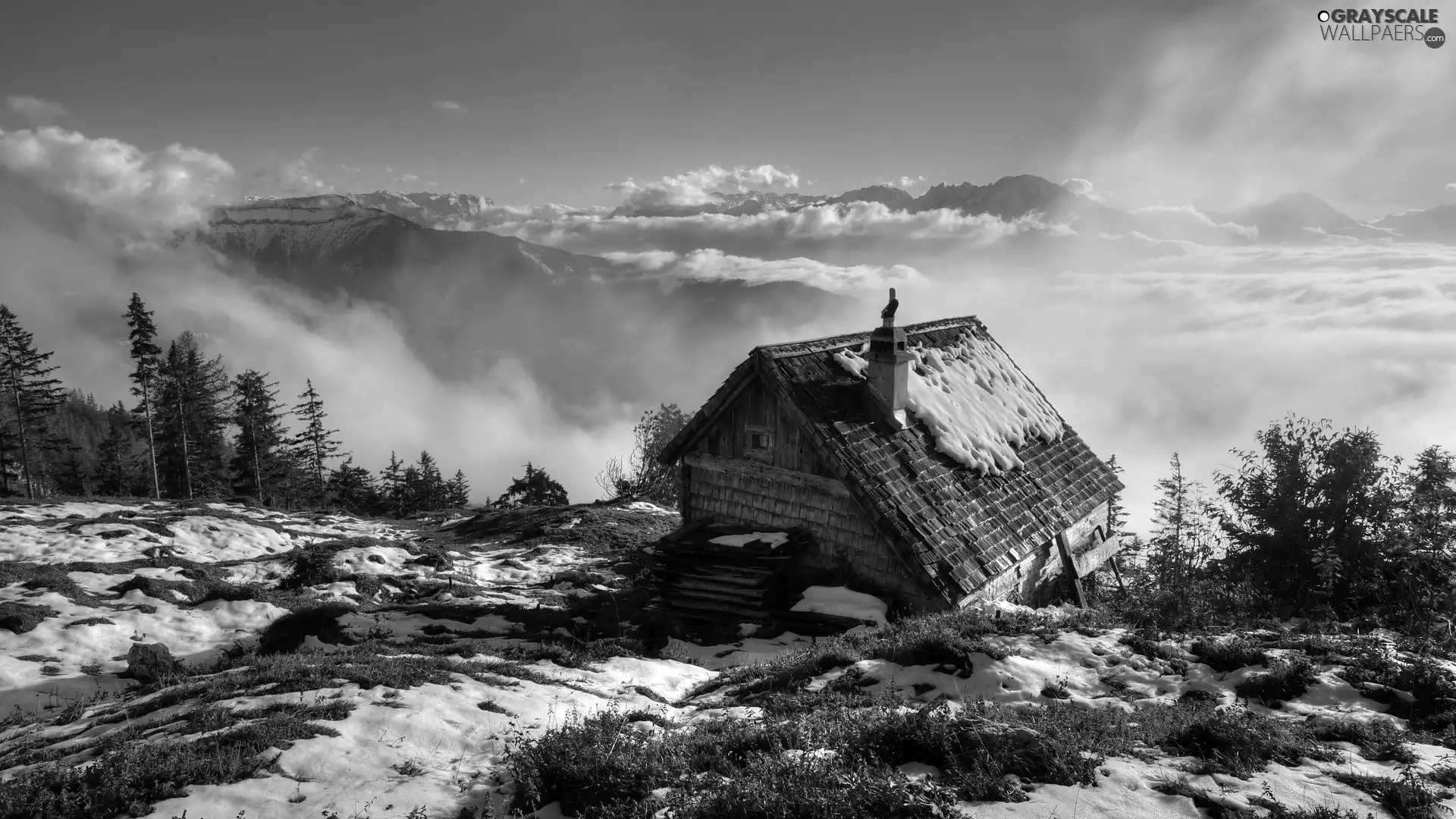 clouds, winter, Mountains, woods, house