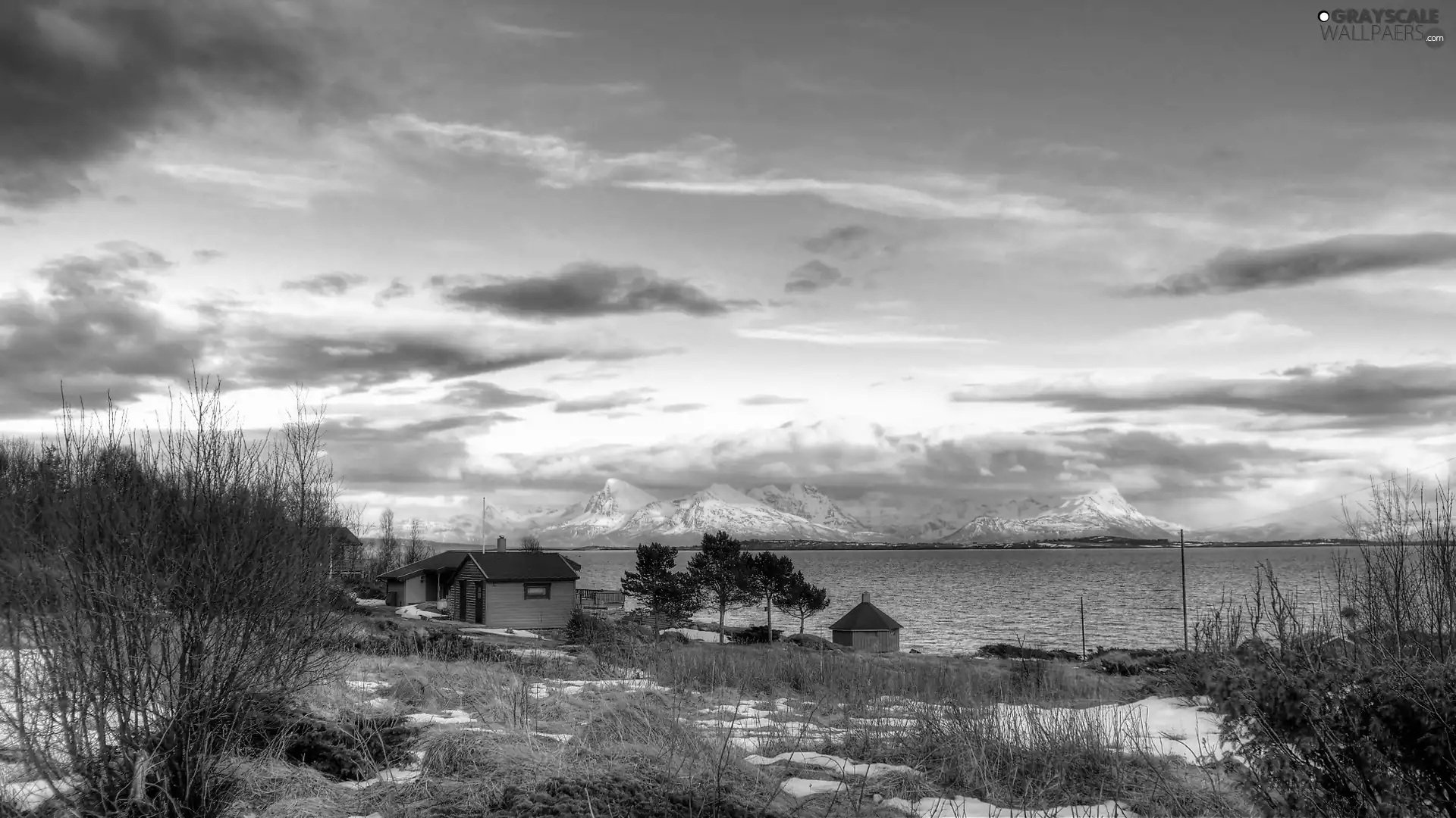 clouds, winter, Mountains, Houses, lake