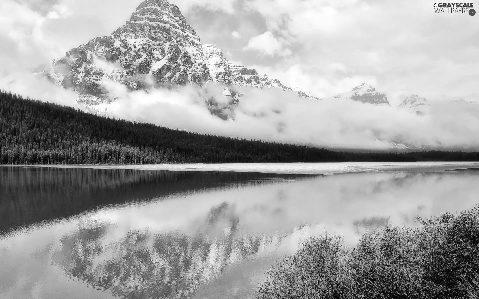 clouds, winter, Mountains, woods, River