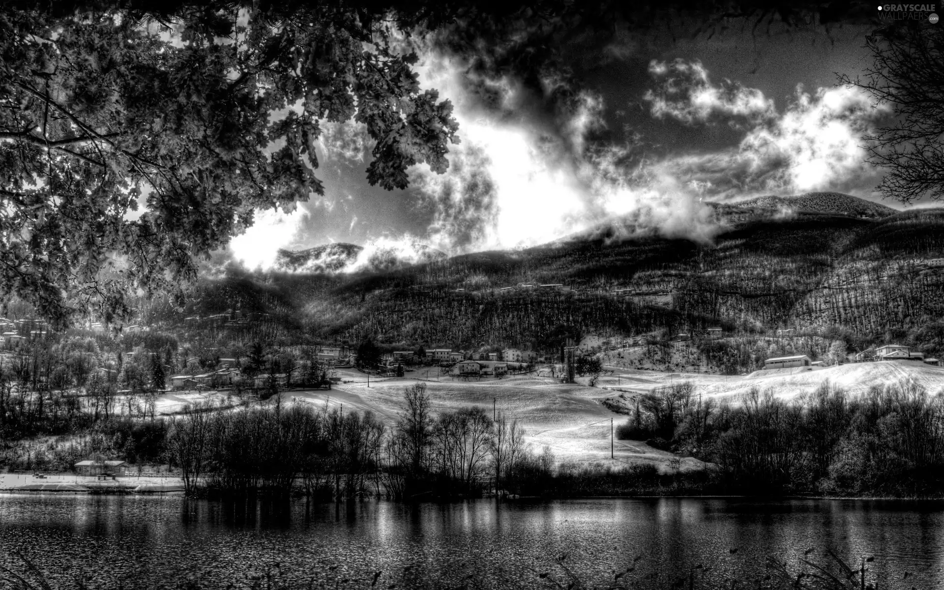 clouds, winter, Mountains, woods, River