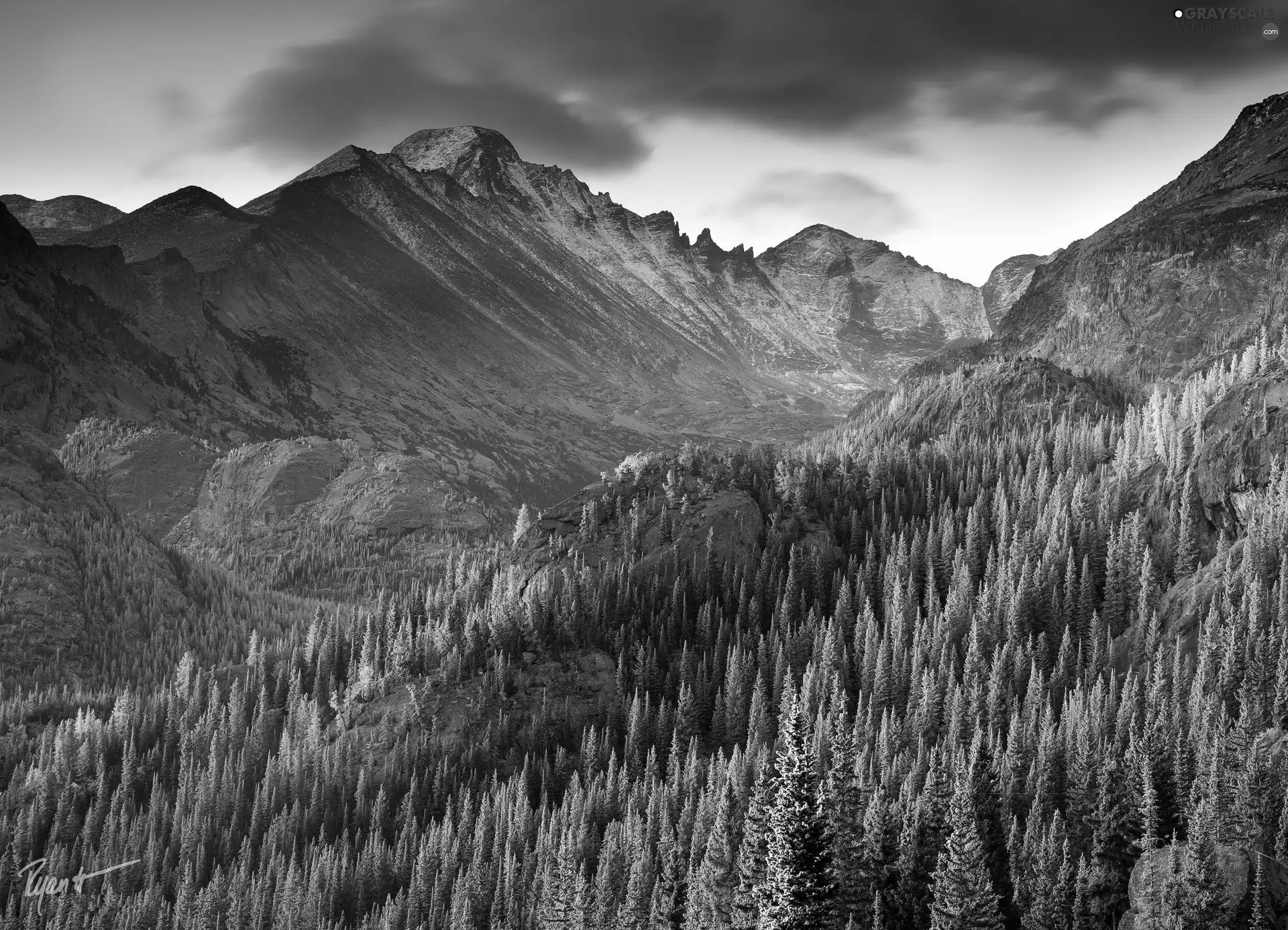 clouds, Mountains, woods