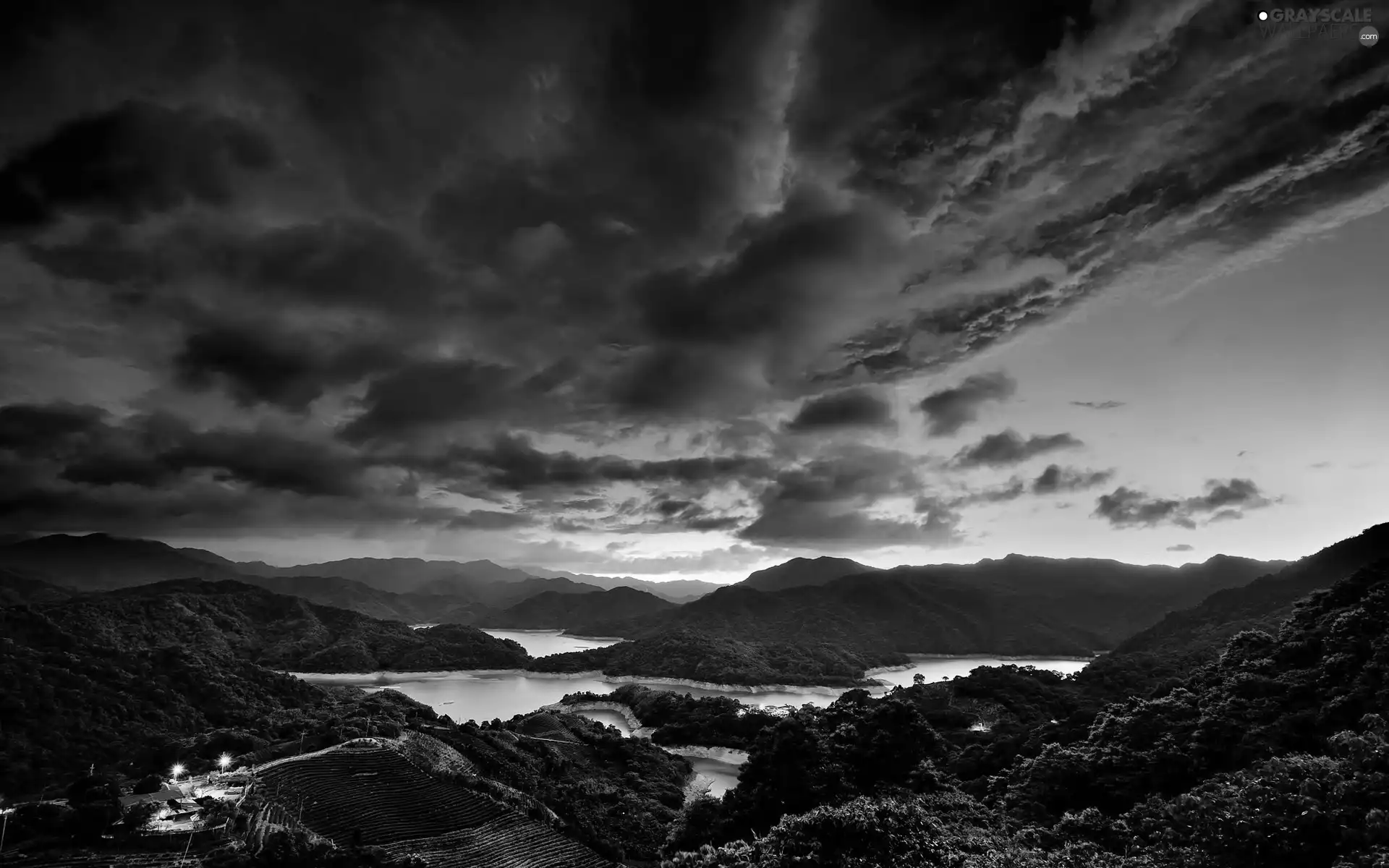 clouds, River, woods